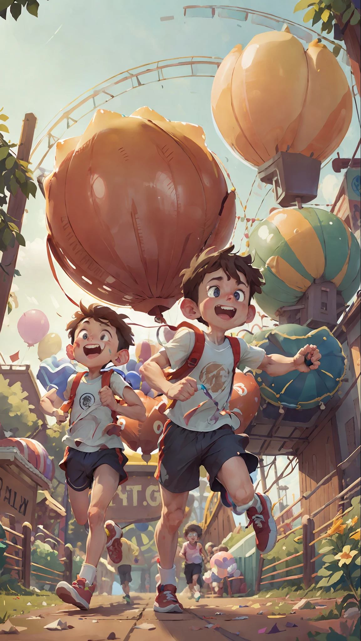 (SFW), two running boys, amusement park, holding balloons, happy, happy, perfect quality, clear focus, colorful, perfect face, intricate details, ultra-low viewing angle, wide angle lens --v 6