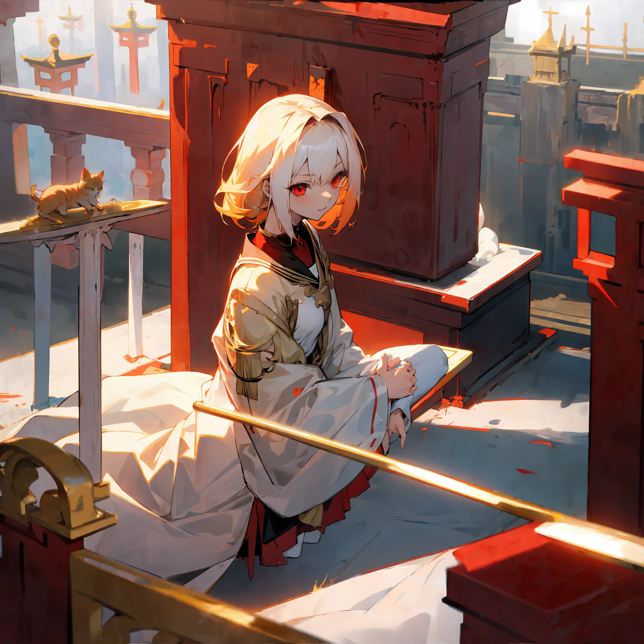 Cat girl, demi-human, beautiful, golden hair, red eyes, wearing white shrine clothes, anime