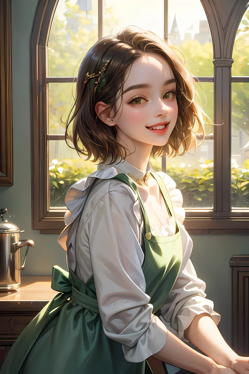 front view, (looking at the viewer), (cinematic, best quality, UHD), ((oil painting)), ((official art)), 1girl, (brown eyes), (big eyes), (forehead), (dark brown), medium-short hair, loose lock, loose bangs, smiling, teeth, is excited, air of joy, ((white apron, delicate light green dress)), small breasts, upper body, profile, inside the house, medieval fantasy, detailed face,  extremely detailed eyes