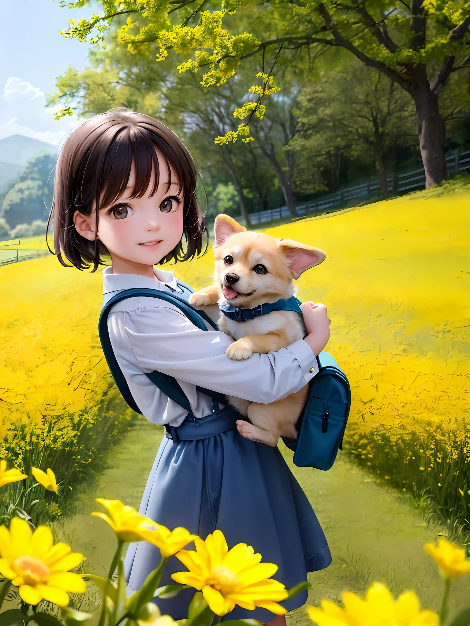 An incredibly charming *********** carrying a backpack, accompanied by her adorable puppy, enjoying a lovely spring outing surrounded by beautiful yellow flowers and natural scenery. The illustration is in high definition at 4k resolution, with highly-detailed facial features and cartoon-style visuals.