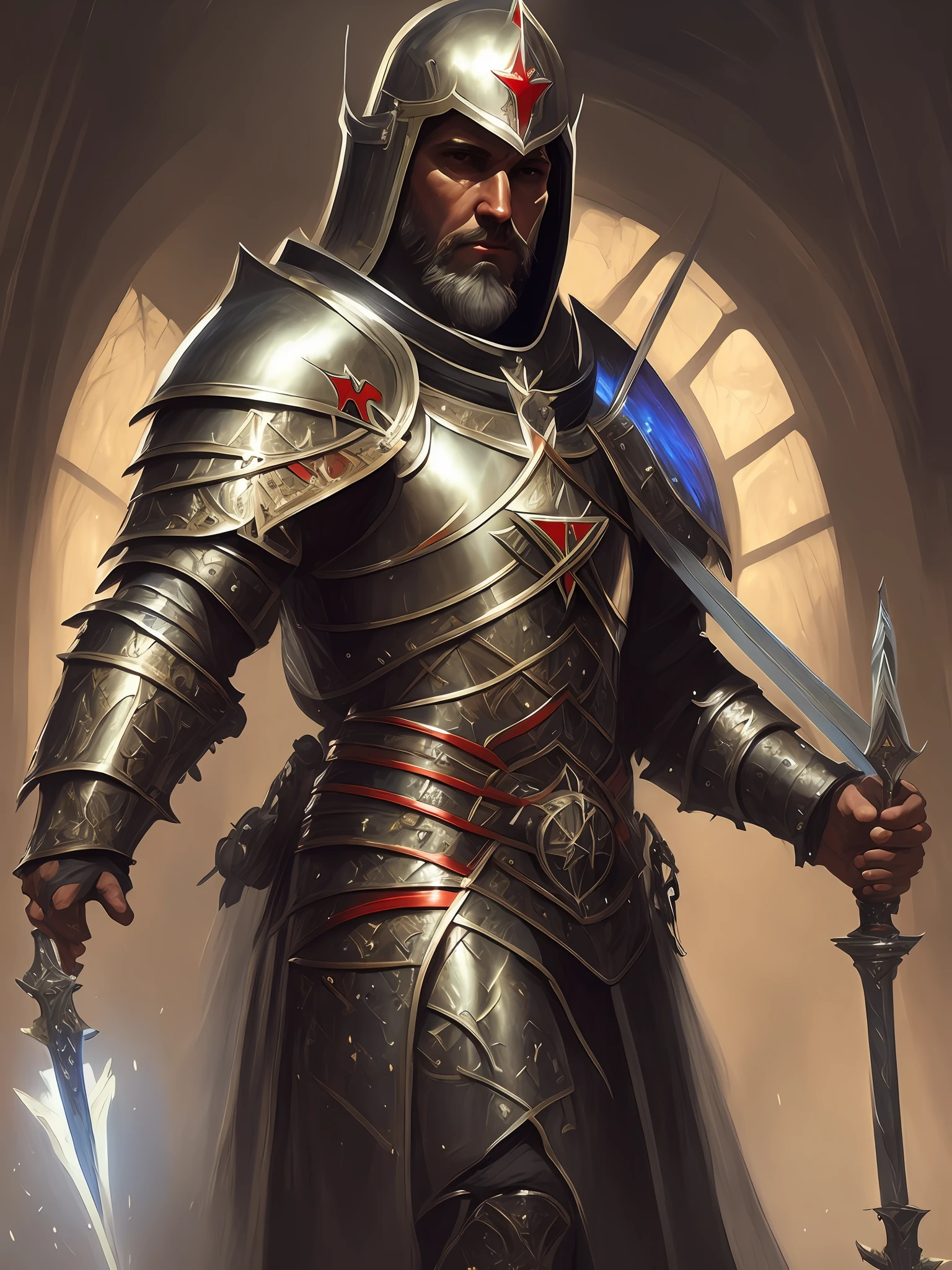 A centralized ((Portrait)) in front view and fullbody of a ((templar knight)) in the ((dark atmospheric)), pintura digital por Jeremy Lipking, por Antonio J. Manzanedo, Alphonse Mucha, Fuller Graves, Bartolome Esteban Murillo, JC Leyendecker, Craig Mullins, Peter Paul Rubens pintura detalhada, CGSetivity, ArtStation HD, alto detalhe, Photorealism, Concept Art, ArtStation HD, arte oficial, tendência no artstation.