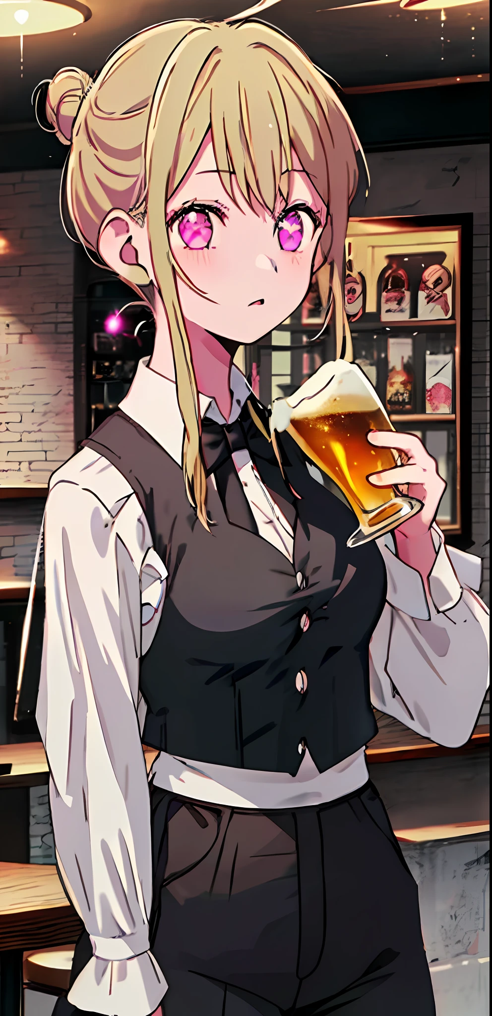 1girl, solo, (((solo))), tied up blonde hair, hair bun, plump youthful face, black button-down, sleeves, black tie, black vest, black zipper pants, thighs, medium breasts, holding a beer glass, pink eyes, Star eyes, pink Star eyes, confident expression, anime style, in a pub.