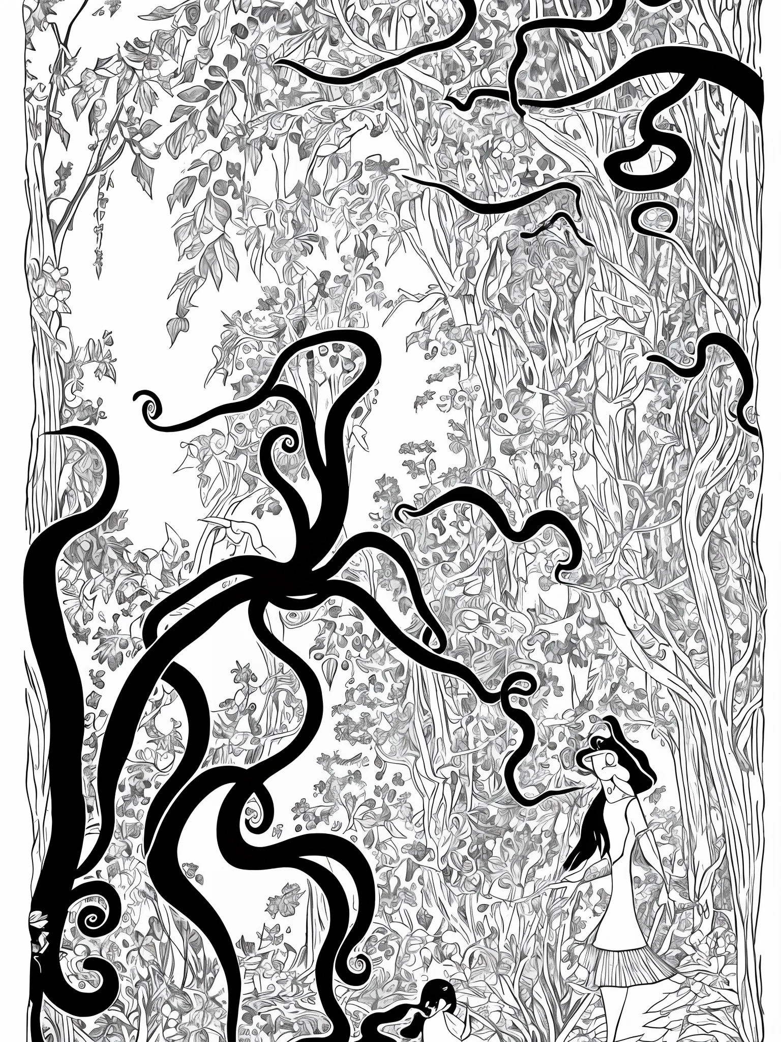 a black and white illustration of a woman walking through a forest with an octopus in the background by Lotte Reiniger