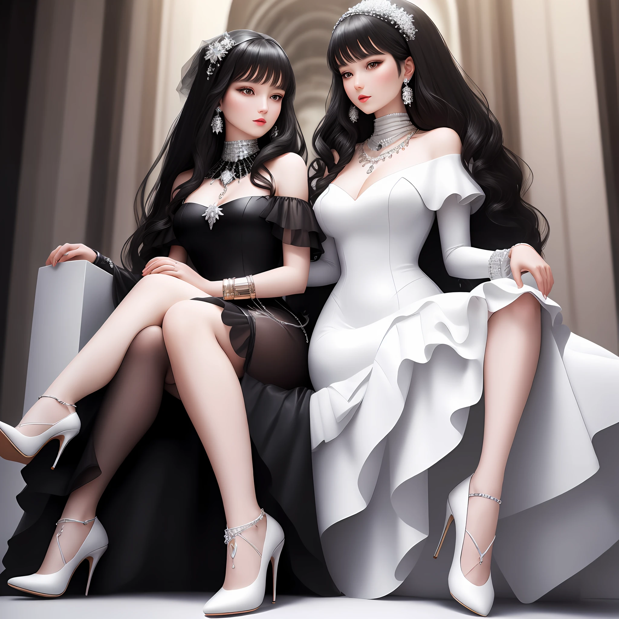 black hair, white high heels, Jewelry dresses, Jewelry, sitting,, Surrealism, Luxury, 8k, super detail
