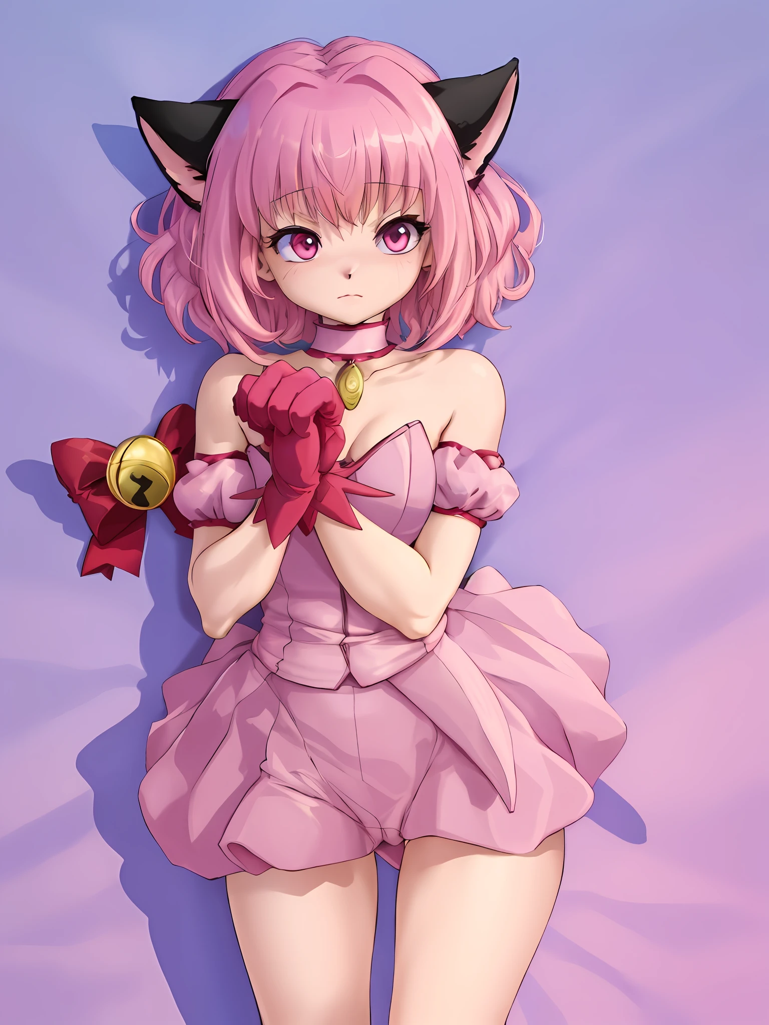 "(extremely detailed CG unity 8k wallpaper, masterpiece, best quality, ultra-detailed),(best illumination, best shadow, an extremely delicate and beautiful), floating, dynamic angle, a gorgeous cat girl with pink hair wearing a beautiful pink dress, a choker, a tail ornament, a tail bow, detached sleeves, gloves, and a cat tail with a tail bell, night, full moon, sexy pose, female, anthropomorphic cat