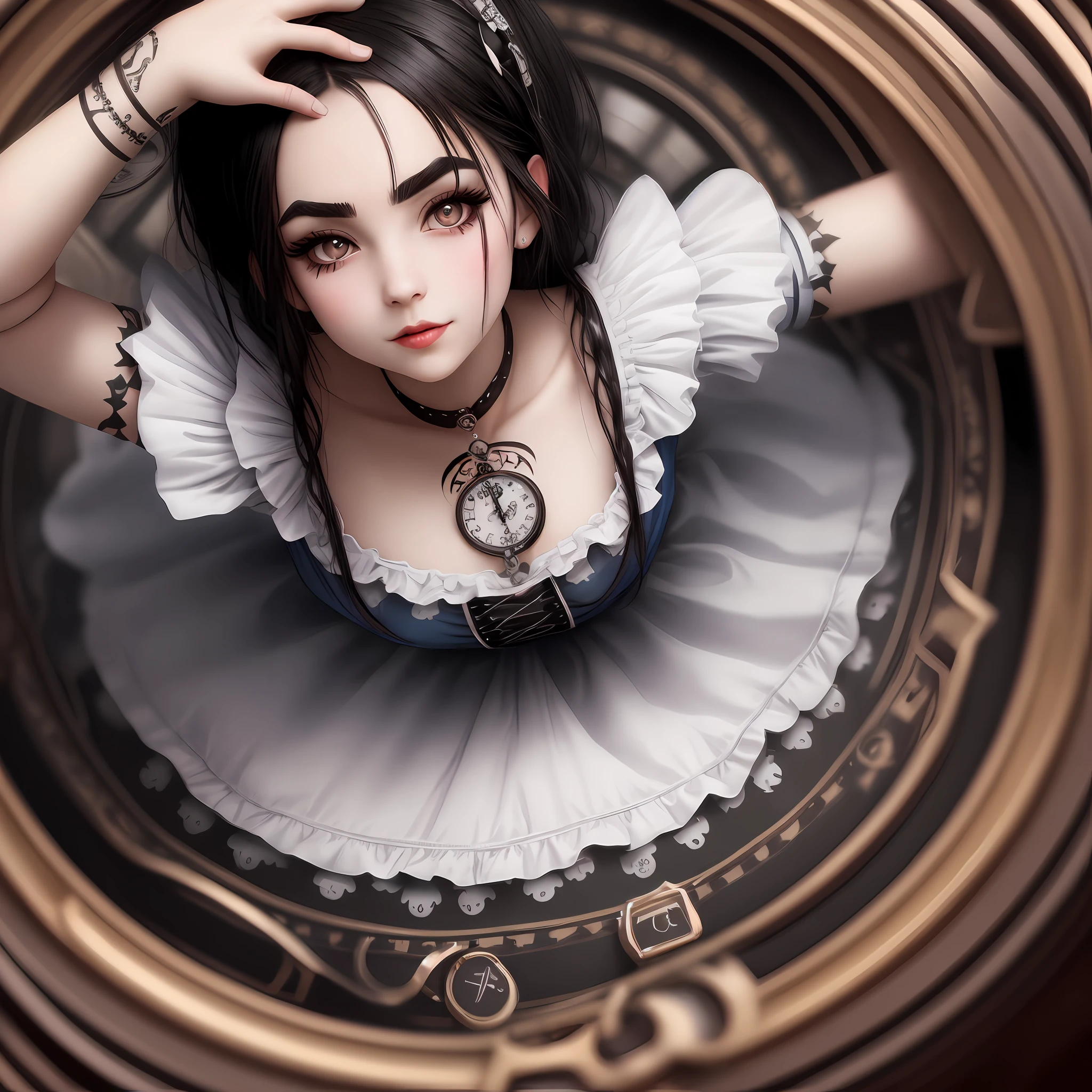 Alice in Wonderland, black hair, eyebrow piercing, naïve look, 8k quality, cinematic focus