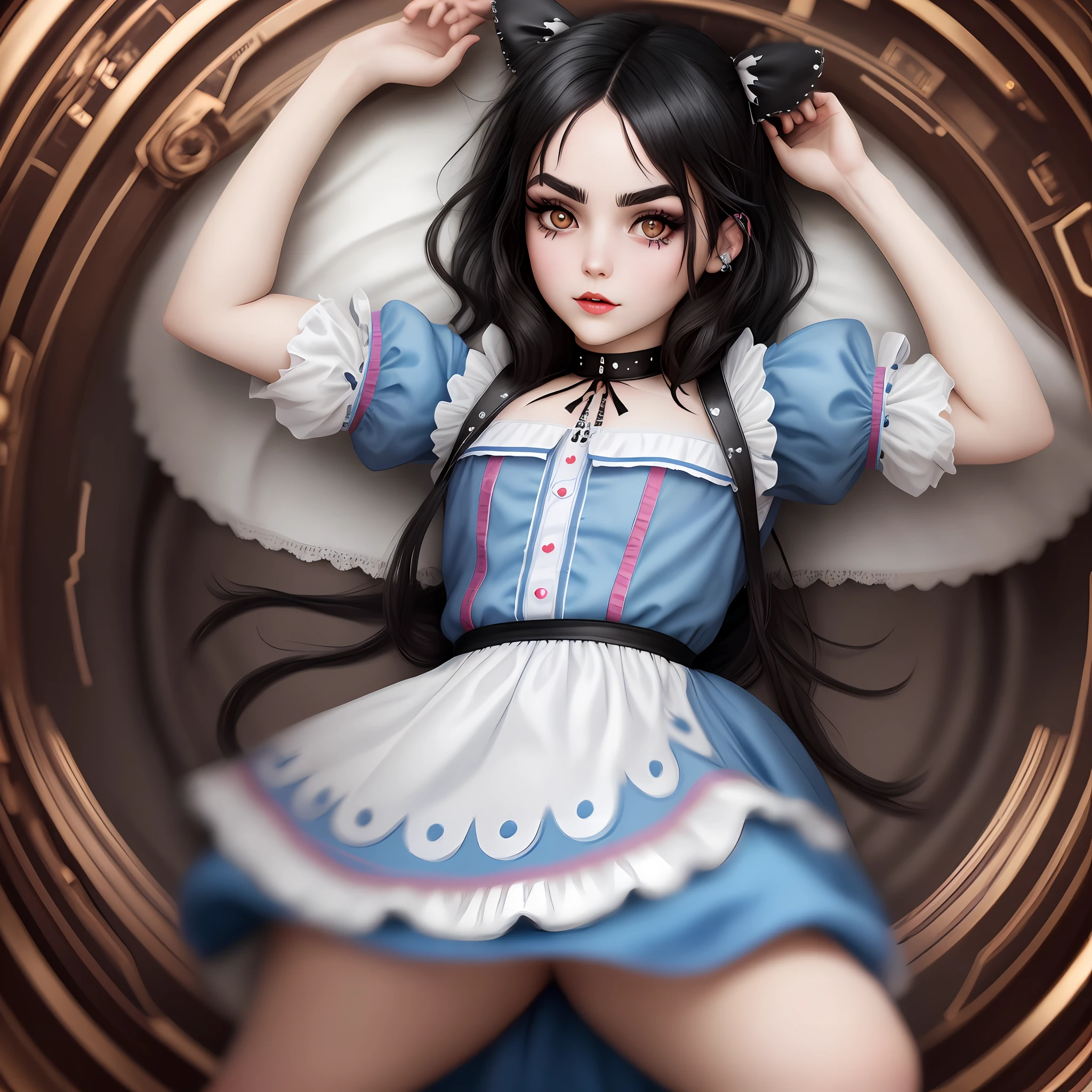 Alice in Wonderland, black hair, eyebrow piercing, naïve look, 8k quality, cinematic focus