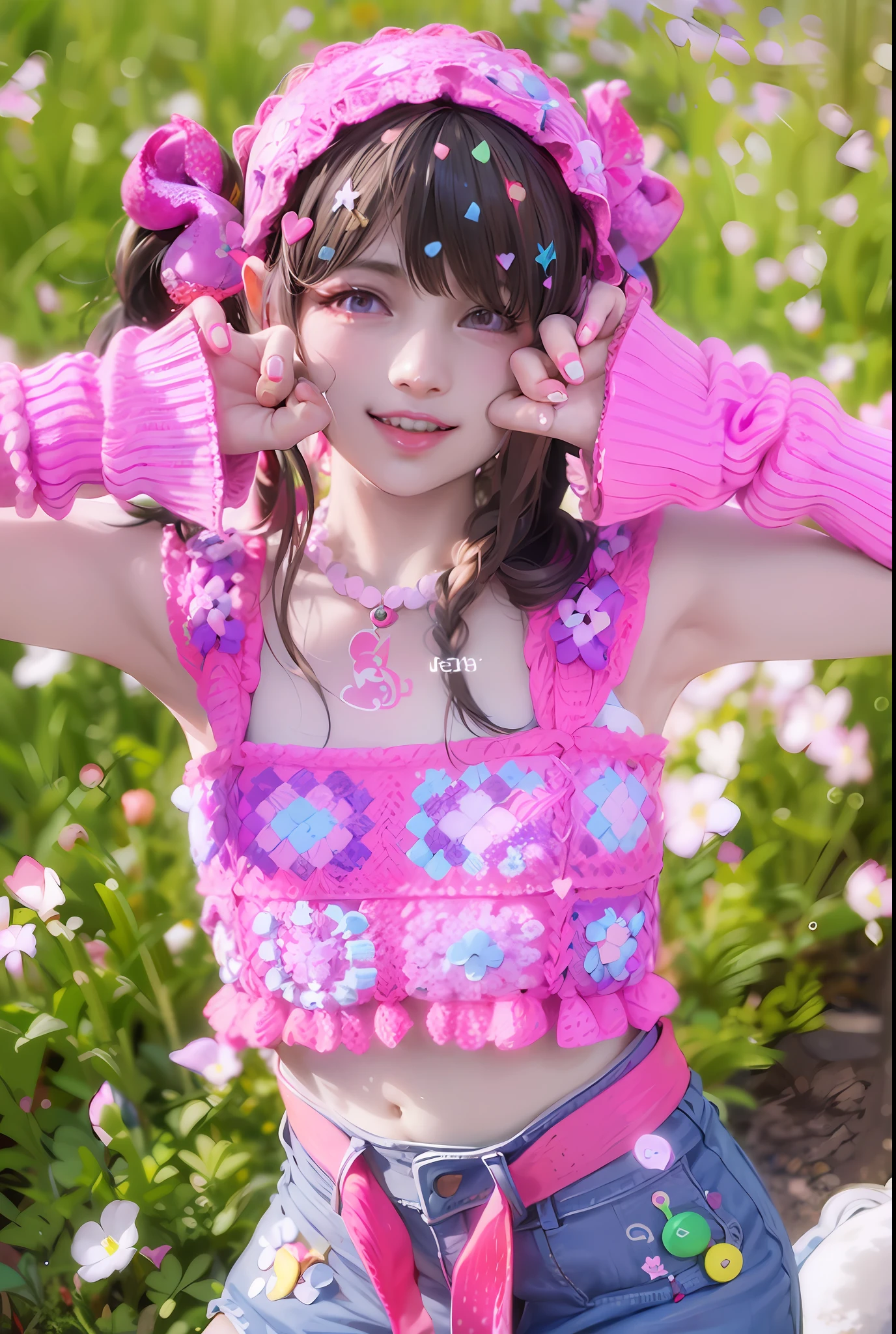 a close up of a person wearing a pink top and a pink hat, belle delphine, fairycore, e - girl, e-girl, ulzzang, cutecore, cute colorful adorable, pink girl, chiho, very aesthetic!!!!!!, ((pink)), y 2 k cutecore clowncore, official artwork, colorful]”, aesthetic!!!!!! female genie