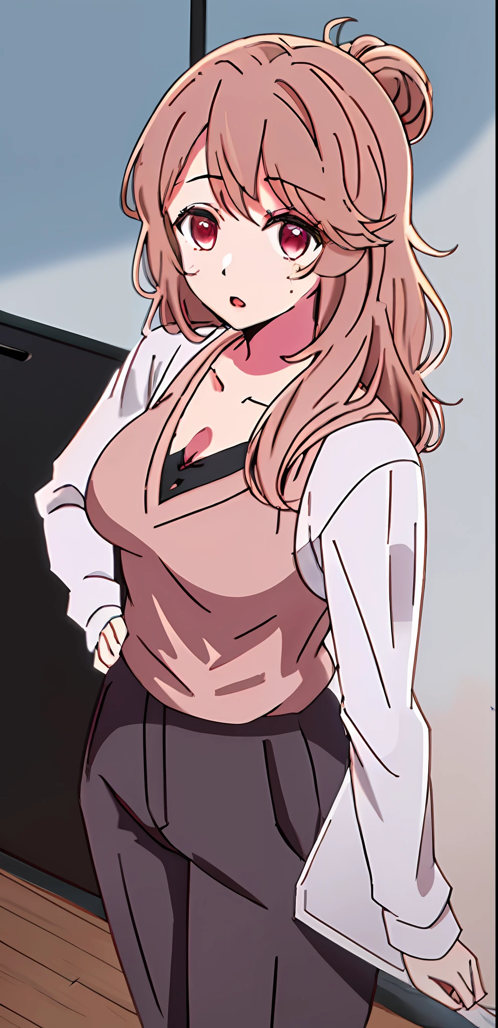 1girl, solo, (((solo))), light brown-pink hair, tied up hair, hair bun, plump youthful face, black pants, white button-down shirt, short sleeves, black vest, black pants, dark pants, not white pants, highres, a little collarbone, large breasts, holding a beer glass, red eyes, confident expression, anime style, in a pub, open vest
