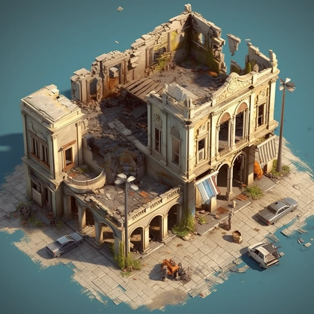 Badly damaged ancient buildings, exteriors, ray tracing technology to isometric 3D perfect rendering