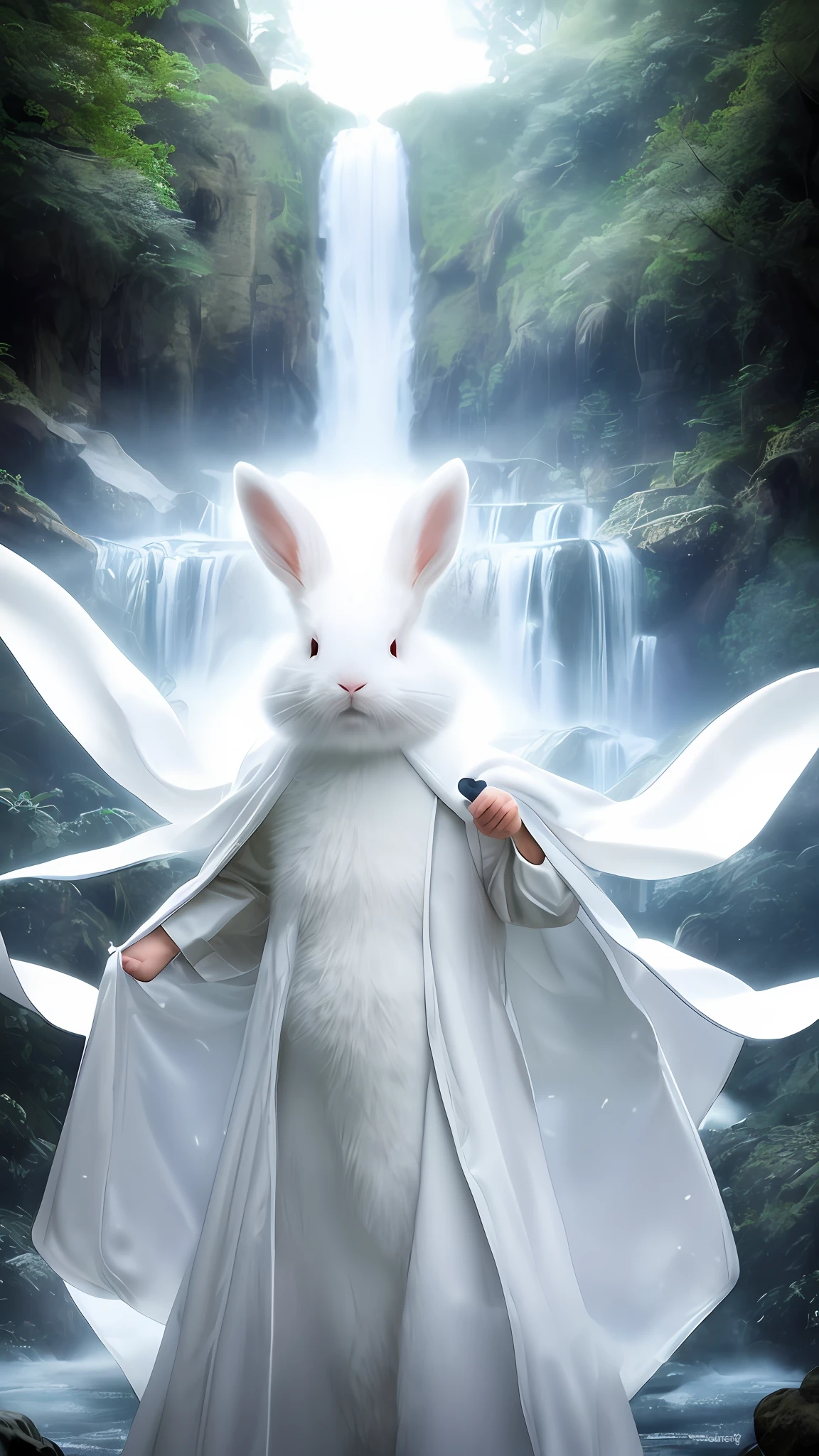 RAW photo, a white rabbit, wearing a white robe, full body, front, portrait, real world, highest quality, DSLR, fixed focus, contour light, cool tone, waterfall background, splash, Tyndall effect, cold light source, large contrast, large depth of field,