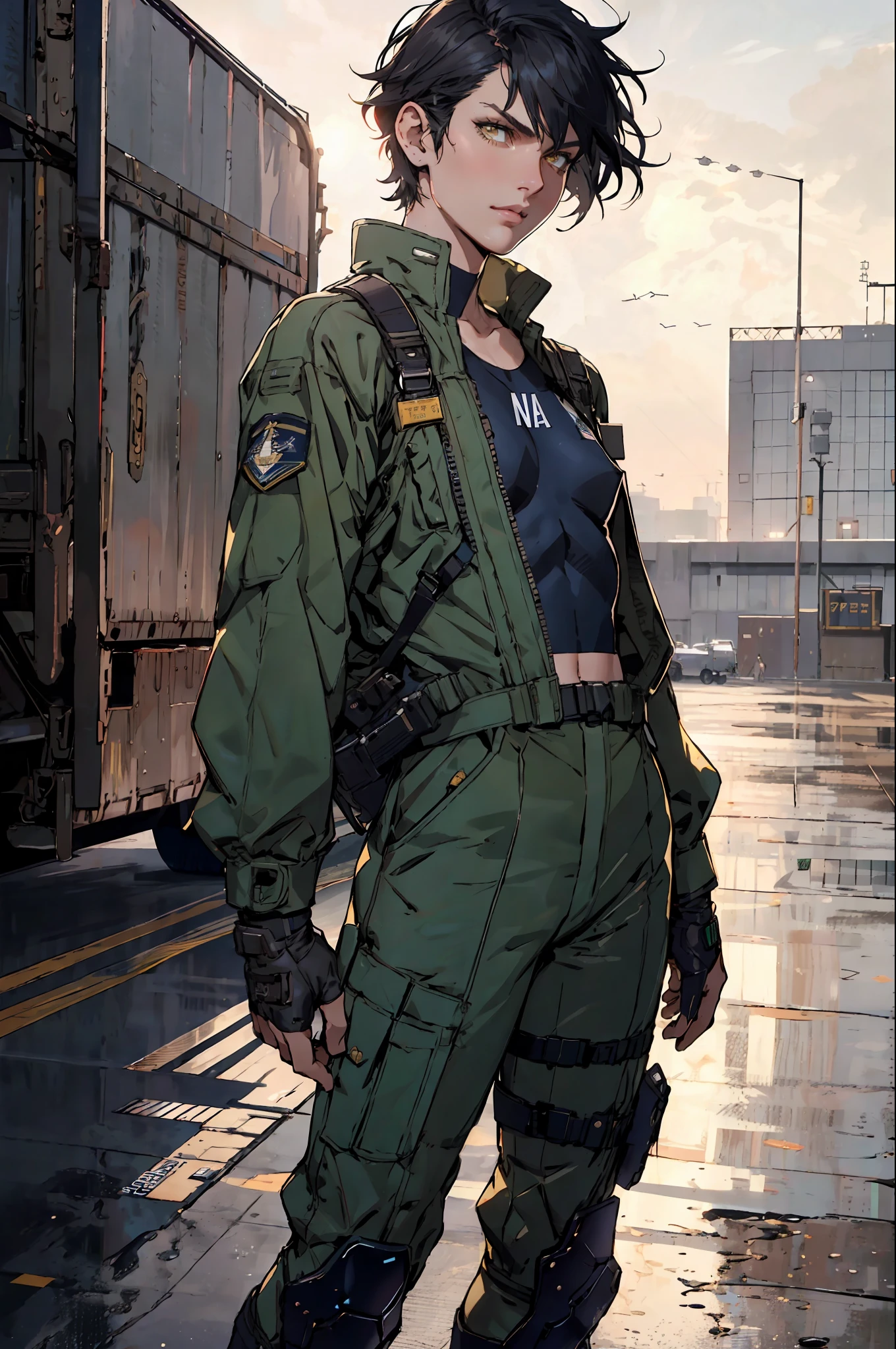 a face like alexandra daddario, small breasts, (flat chested female),wearing a dark green united states navy flightsuit, pixie cut hair, cropped black hair, (yellow eyes:1.1), realistic face, dramatic lighting, , military boots, late evening, cowboy shot, standing outside on an airport runway, design by yoji shinkawa