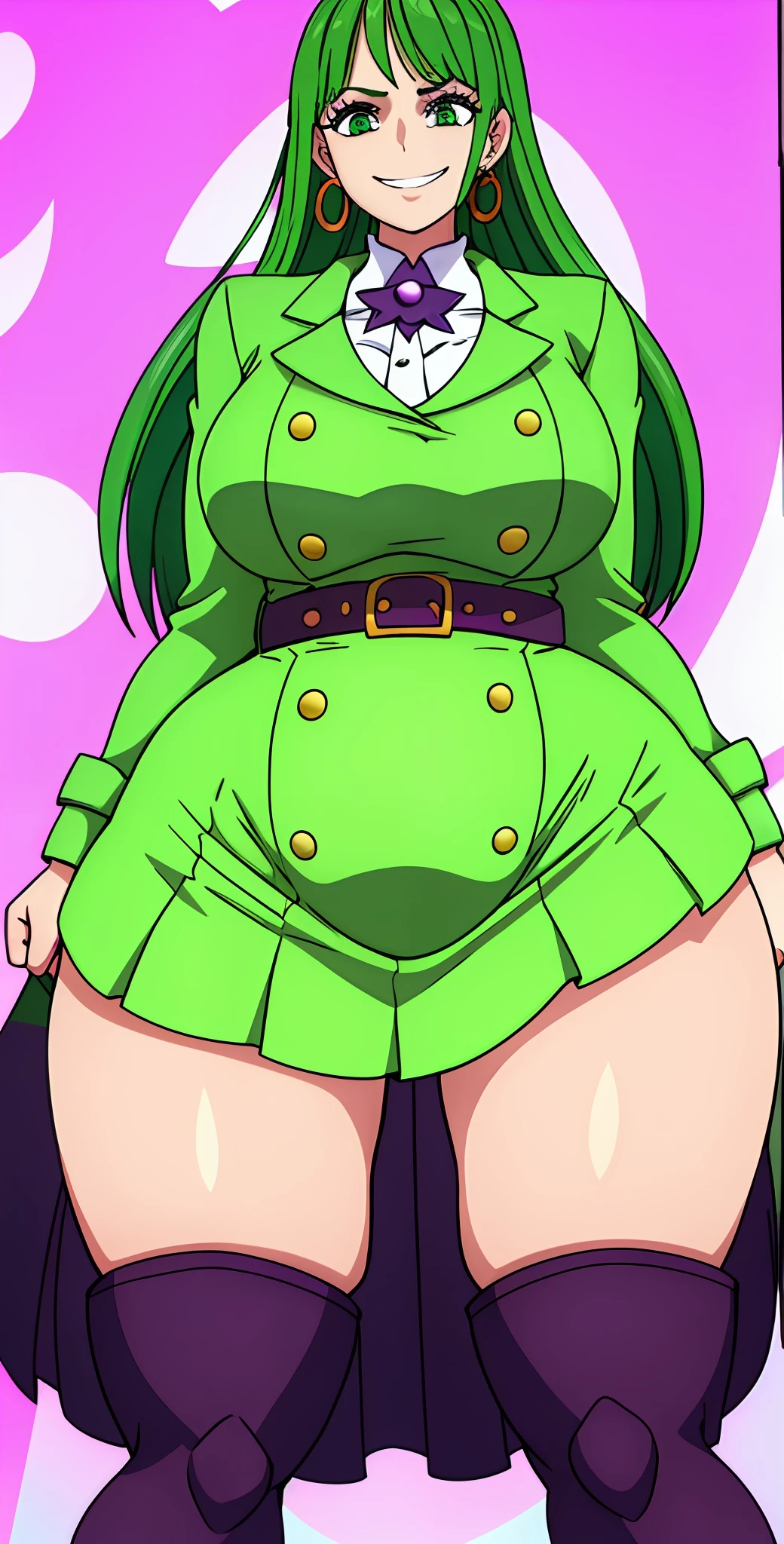 1 girl, super wide hips, super large butt, thicc, green skirt, white belt, purple boots, purple jacket, long green hair, green earrings, super large breasts, masterpiece, green eyes, dark green hair, highres, super large thighs, ass focus, thicc ass, super large hips, One Piece, nervous smile, curvy, upskirt