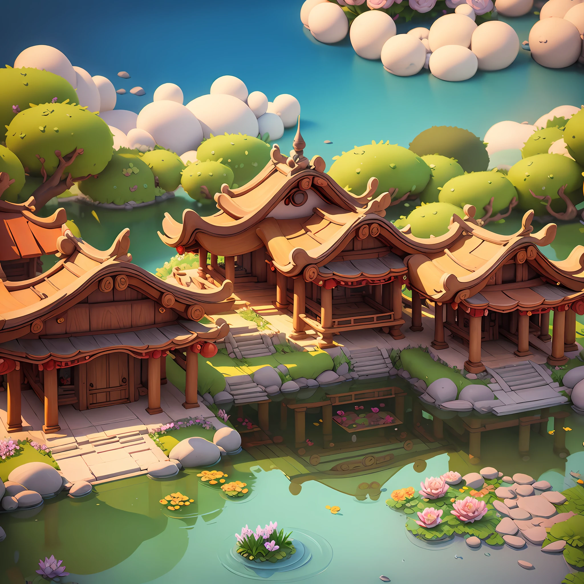 Masterpiece, best quality, cartoon, Pixar style, super simple design, mini scenes, ancient Chinese architecture, ancient courtyard, clear pond, small bridge, trees, flowers, 3D, blender