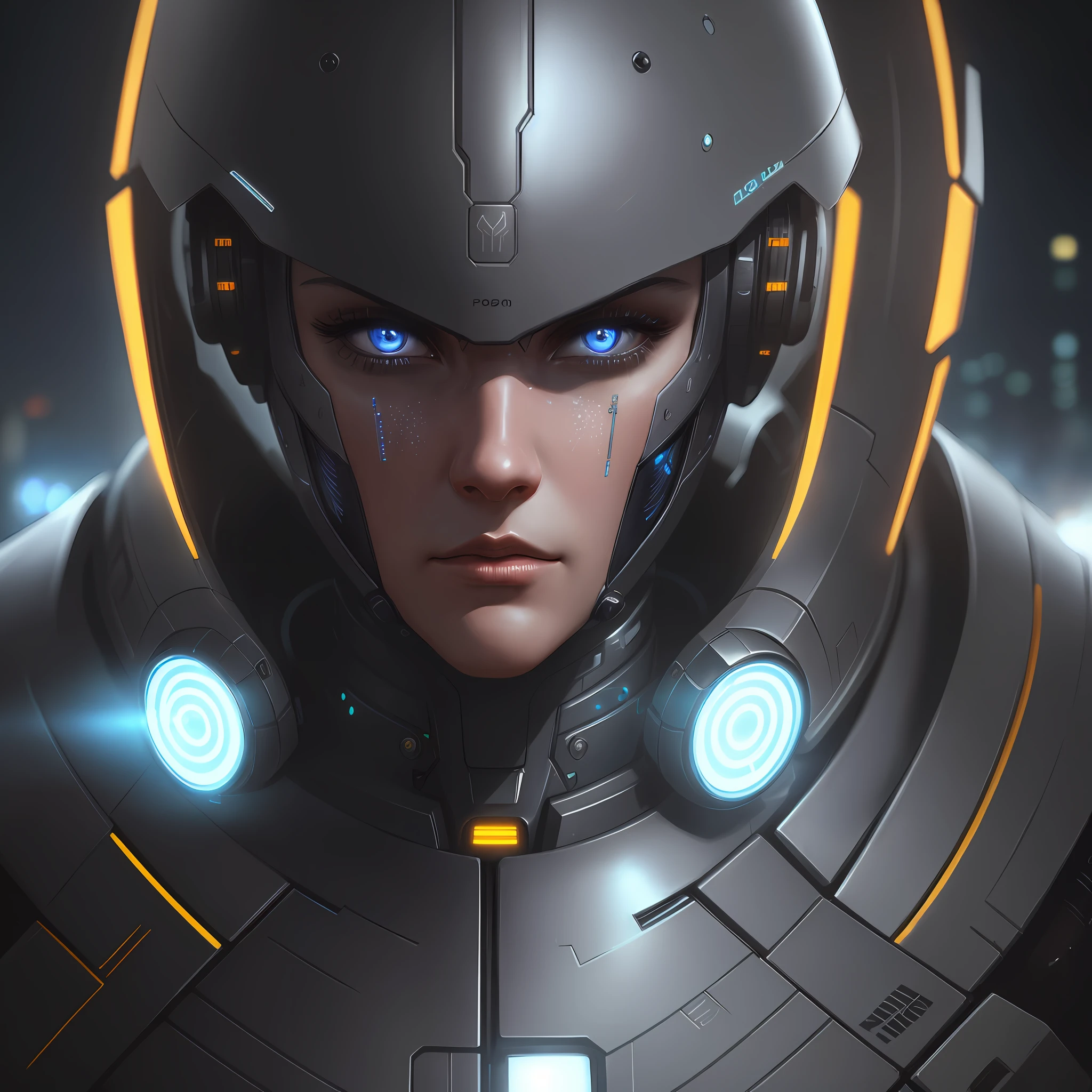A detailed portrait of a cyber Robocop with sad eyes, dark city background digital art, realistic painting, trends in detailed Artstation, Ultra High Definition, 8K