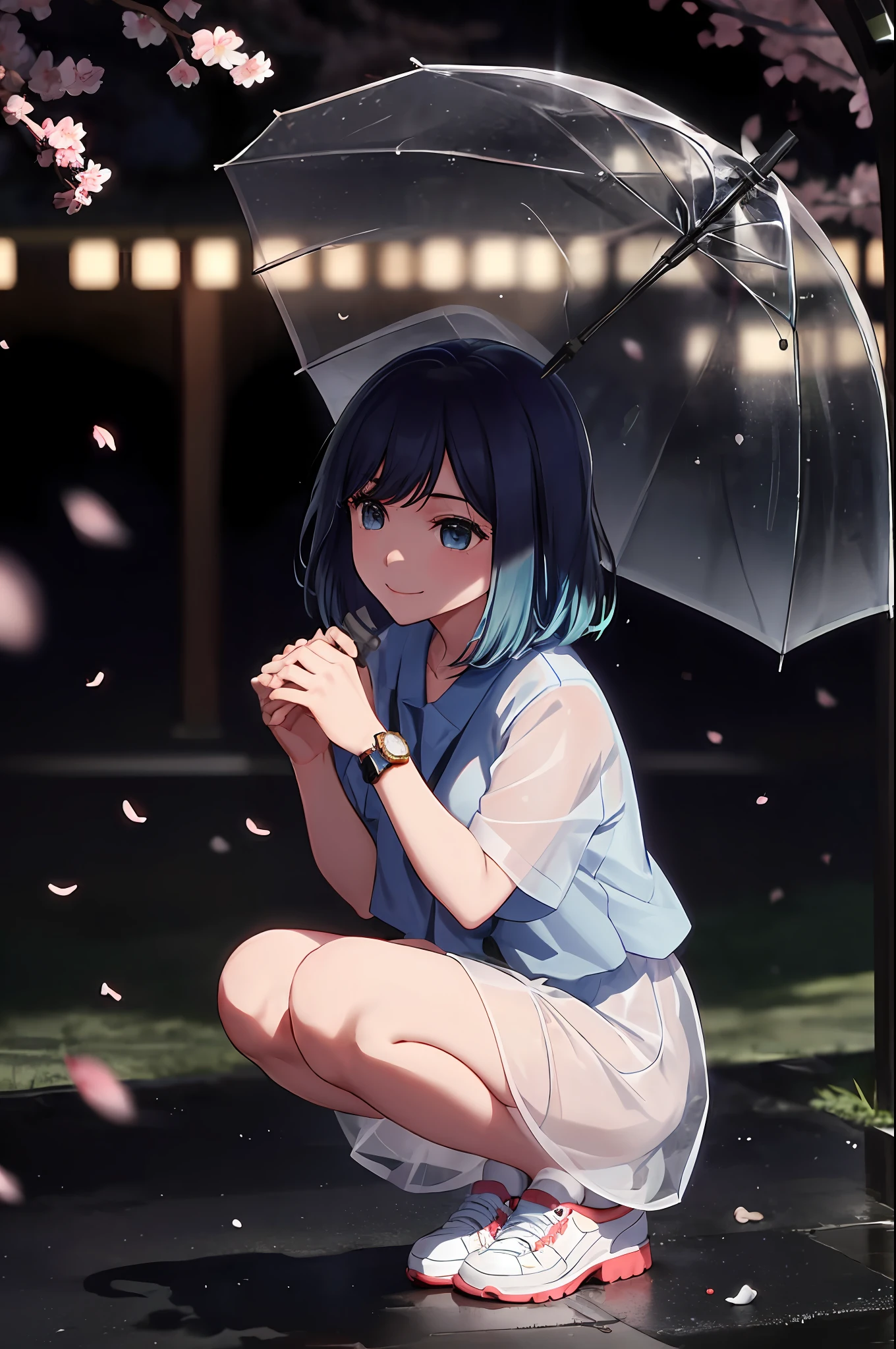 sam yang,
1girl, animal, bird, blurry, cherry blossoms, dog, full body, holding, holding umbrella, jewelry, looking up, medium hair,, rain, shiba inu, shoes, short sleeves, smile, sneakers, solo, squatting, transparent, transparent umbrella, umbrella, watch, wristwatch
, ((masterpiece)), blue light eyes