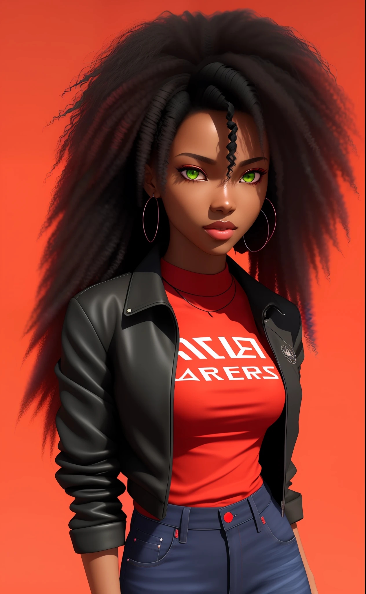 Black woman with black features with curly hair dyed green colors, vibrant red eyes and black iris, medium hair, black jacket, dark red t-shirt, dark blue jeans, squeezed would be looking forward, semi realistic style, 3d anime