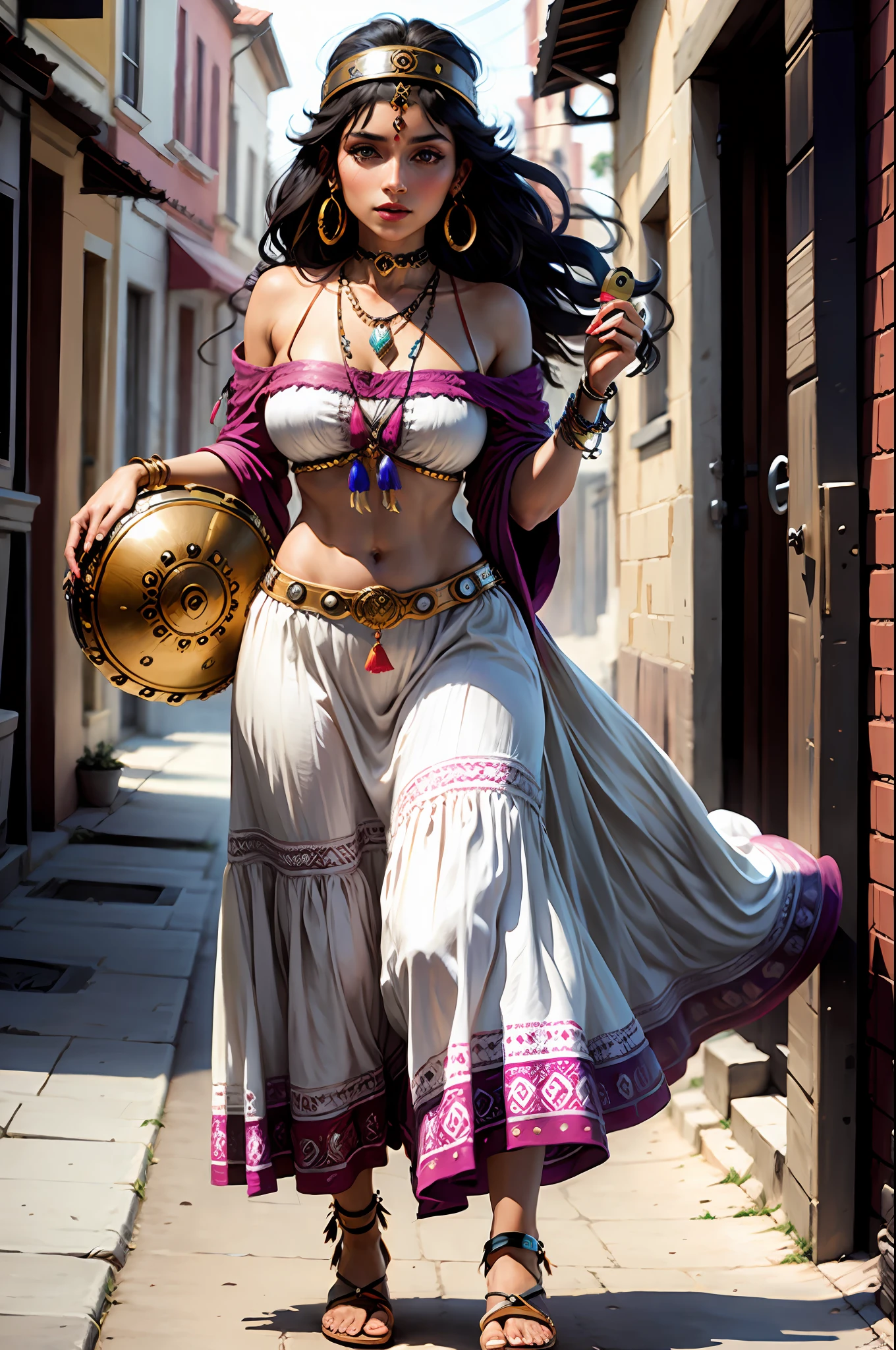 Gypsy woman walking with tambourine in hand