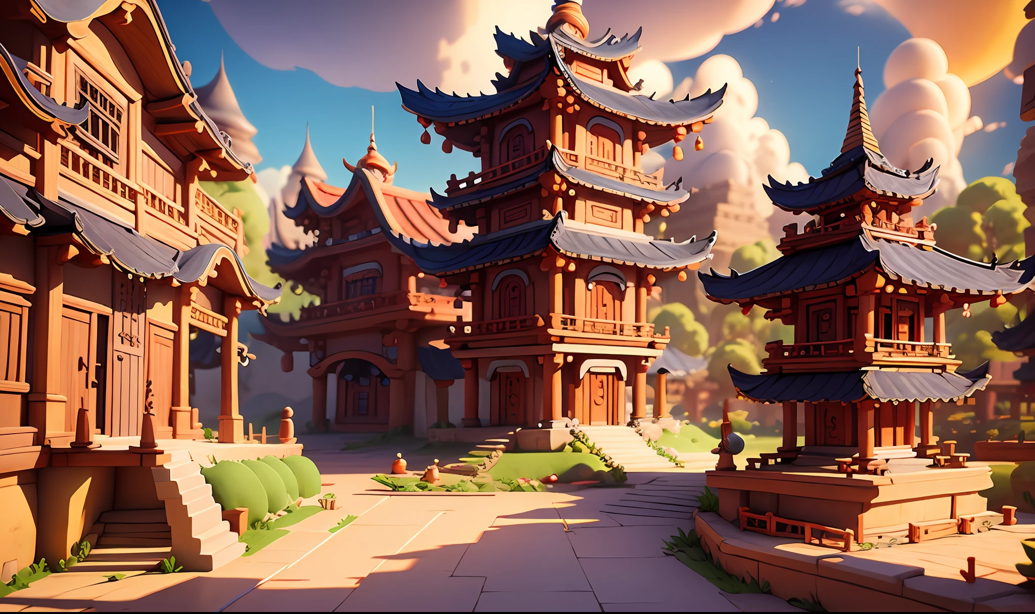Masterpiece, best quality, cartoon, Pixar style, intricate design, mini scenes, ancient Chinese architecture, street, 3D, blender