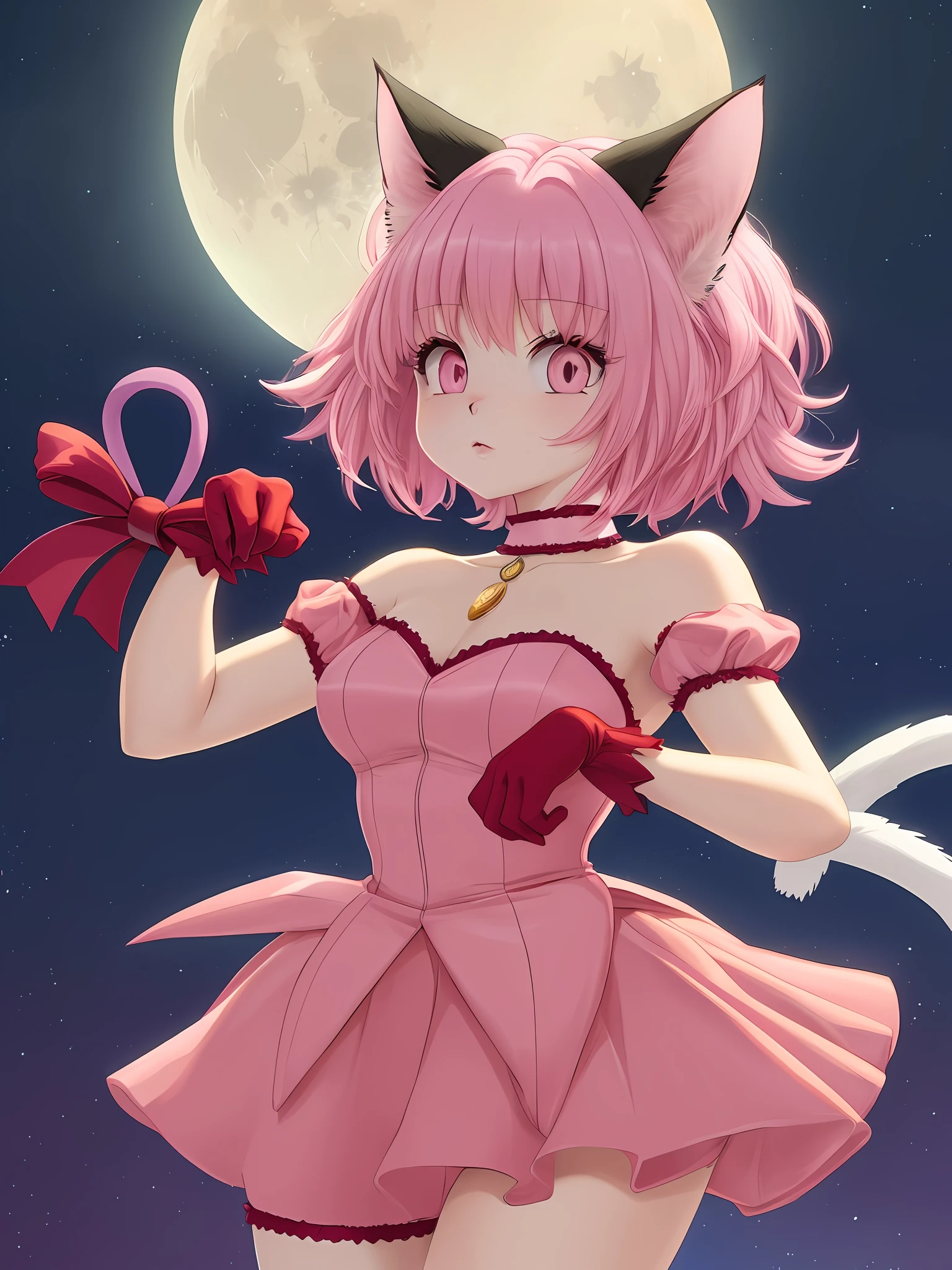 "(extremely detailed CG unity 8k wallpaper, masterpiece, best quality, ultra-detailed),(best illumination, best shadow, an extremely delicate and beautiful), floating, dynamic angle, a gorgeous cat girl with pink hair wearing a beautiful pink dress, a choker, a tail ornament, a tail bow, detached sleeves, gloves, and a cat tail with a tail bell, night, full moon, sexy pose, female, anthropomorphic cat