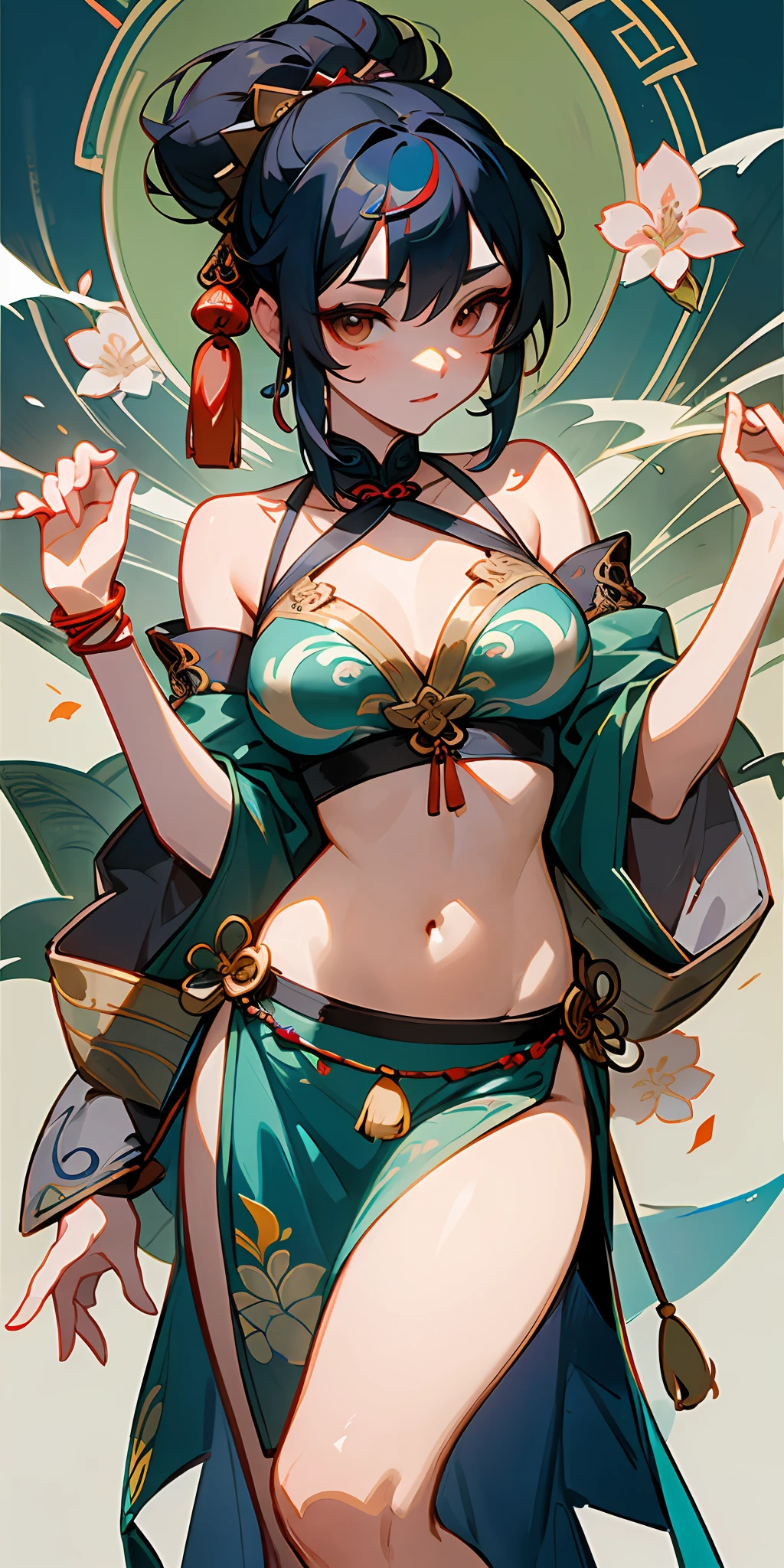 An ancient Chinese beauty, in gorgeous costumes embroidered with intricate embroidery, with transparent colorful streamers tied around her arms, flowing, with her navel exposed, shoulders off, her hair in a bun, flower hairpins, arm rings, bracelets, anklets, tied around her waist Metal chain tassels, Mogao Grottoes art, Dunhuang Flying Apsaras mural inspiration, Chinese painting, watercolor, ink, cgstation popular --v 6