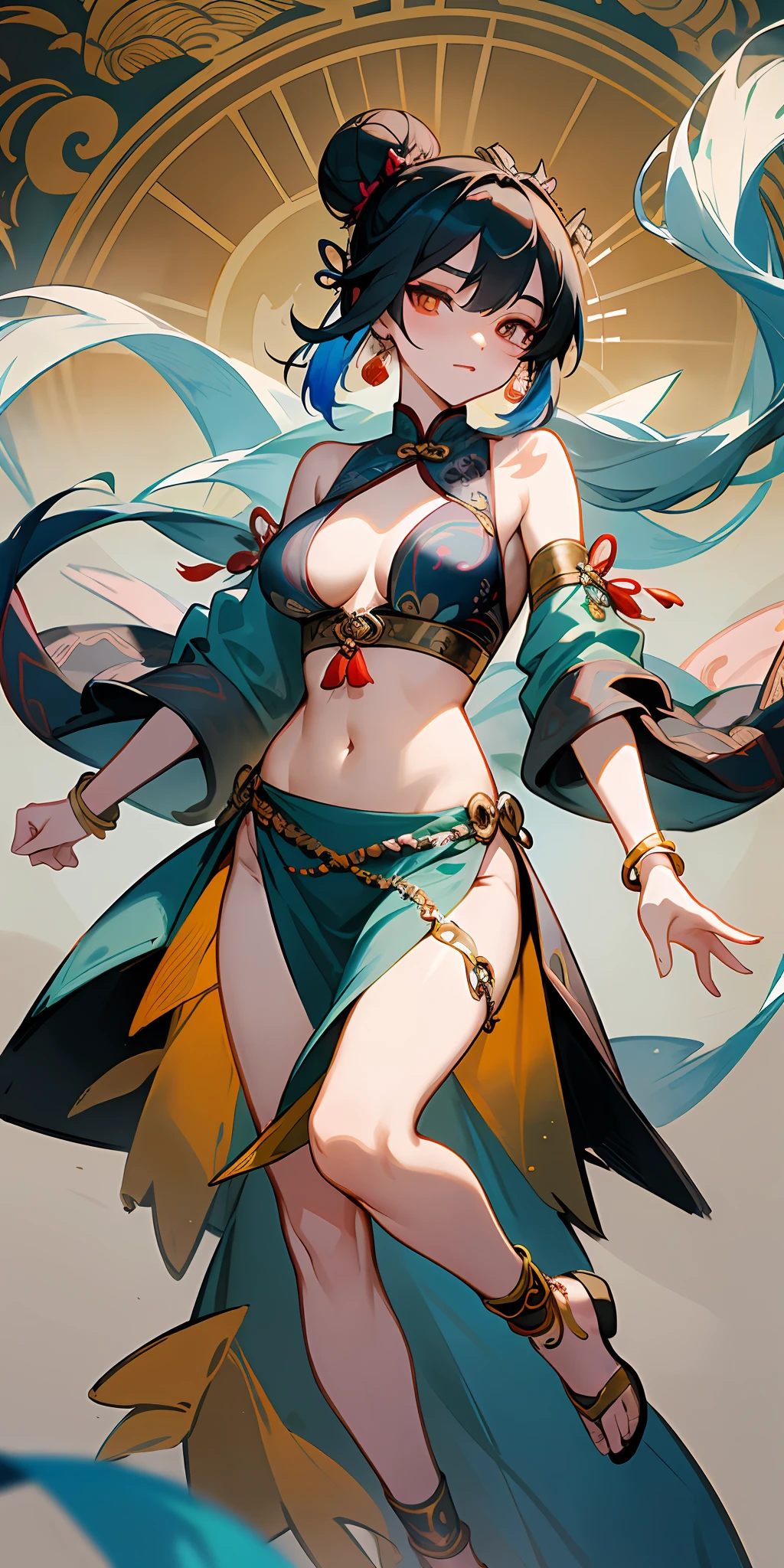 An ancient Chinese beauty, in gorgeous costumes embroidered with intricate embroidery, with transparent colorful streamers tied around her arms, flowing, with her navel exposed, shoulders off, her hair in a bun, flower hairpins, arm rings, bracelets, anklets, tied around her waist Metal chain tassels, Mogao Grottoes art, Dunhuang Flying Apsaras mural inspiration, Chinese painting, watercolor, ink, cgstation popular --v 6
