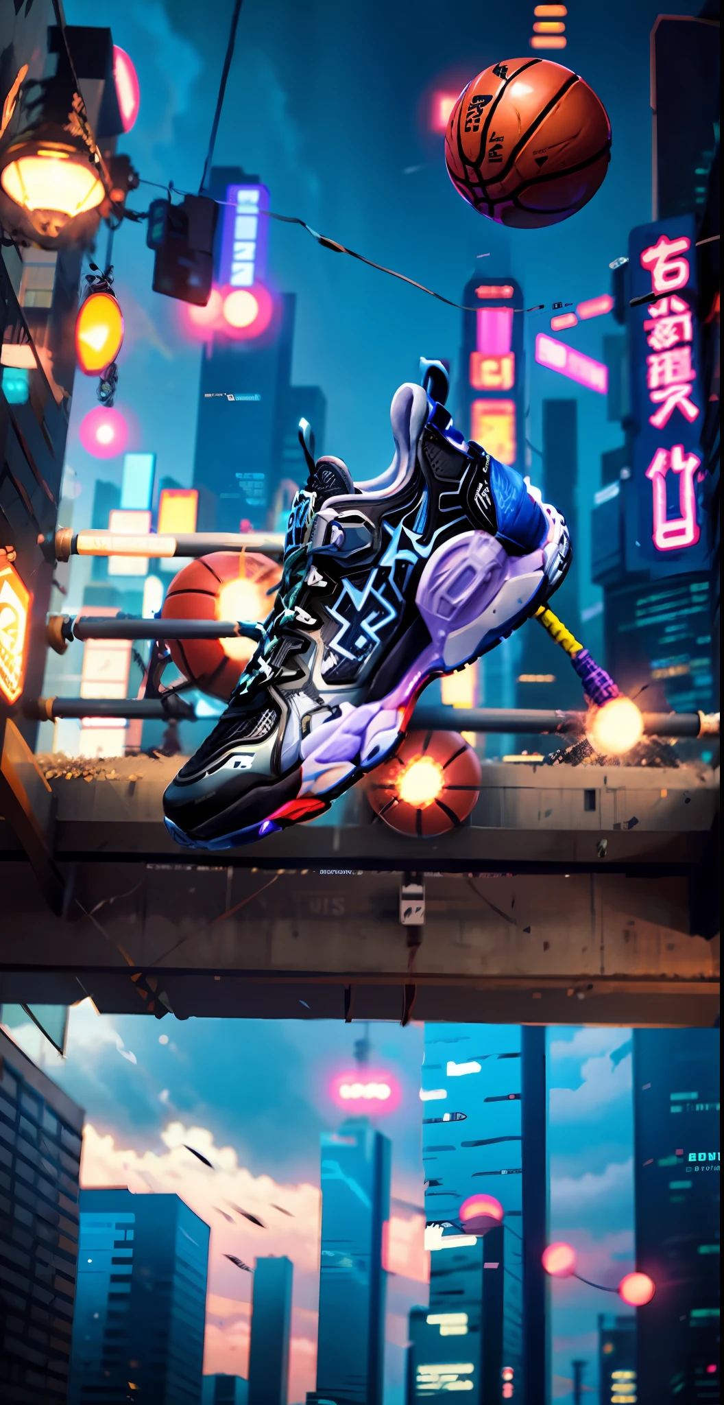 A basketball shoe product, shoes floating in the air, cyberpunk, city, night