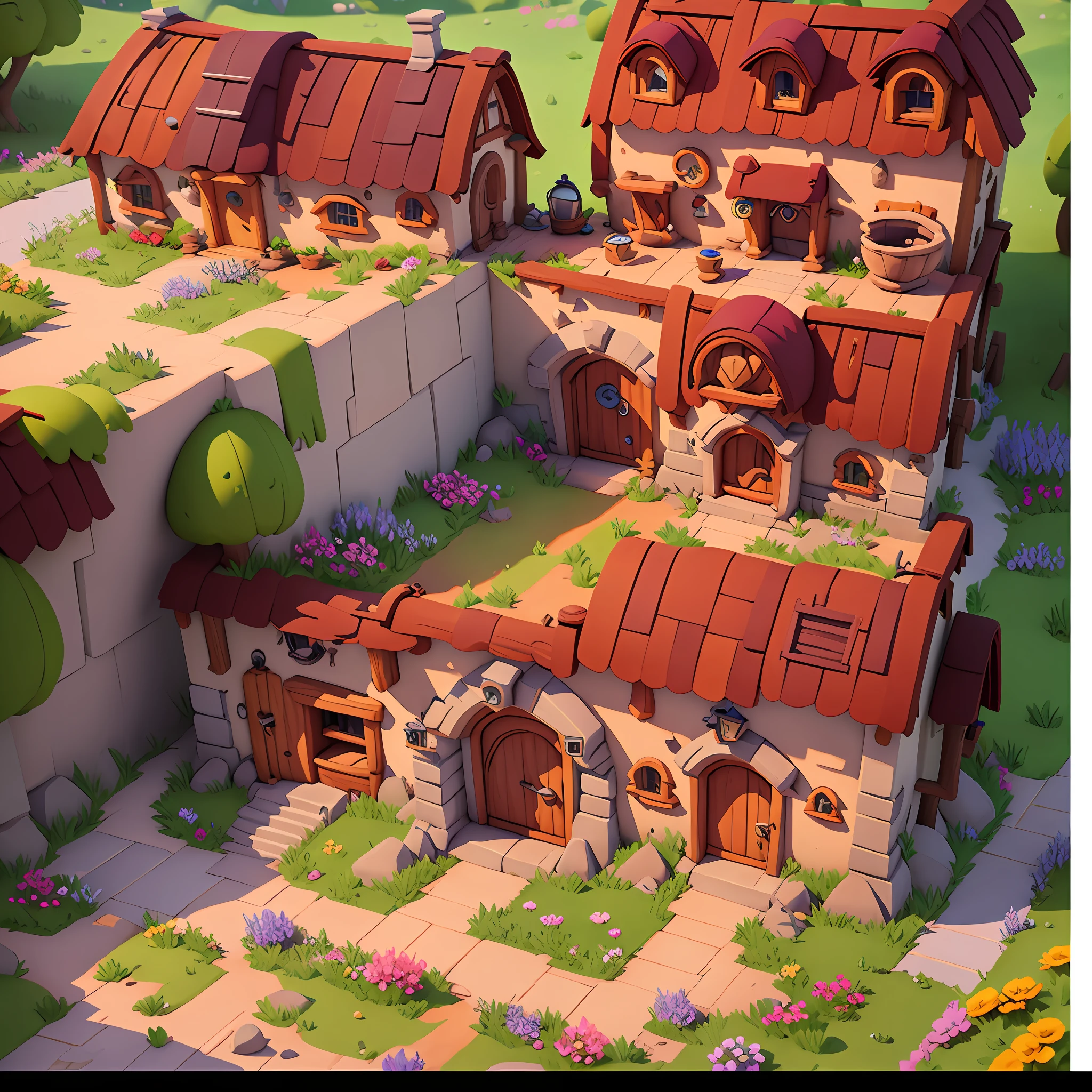 Game architectural design, cartoon, town, stone, brick, meadow, river, flowers, casual game style, 3d, blender, masterpiece, super detail, best quality