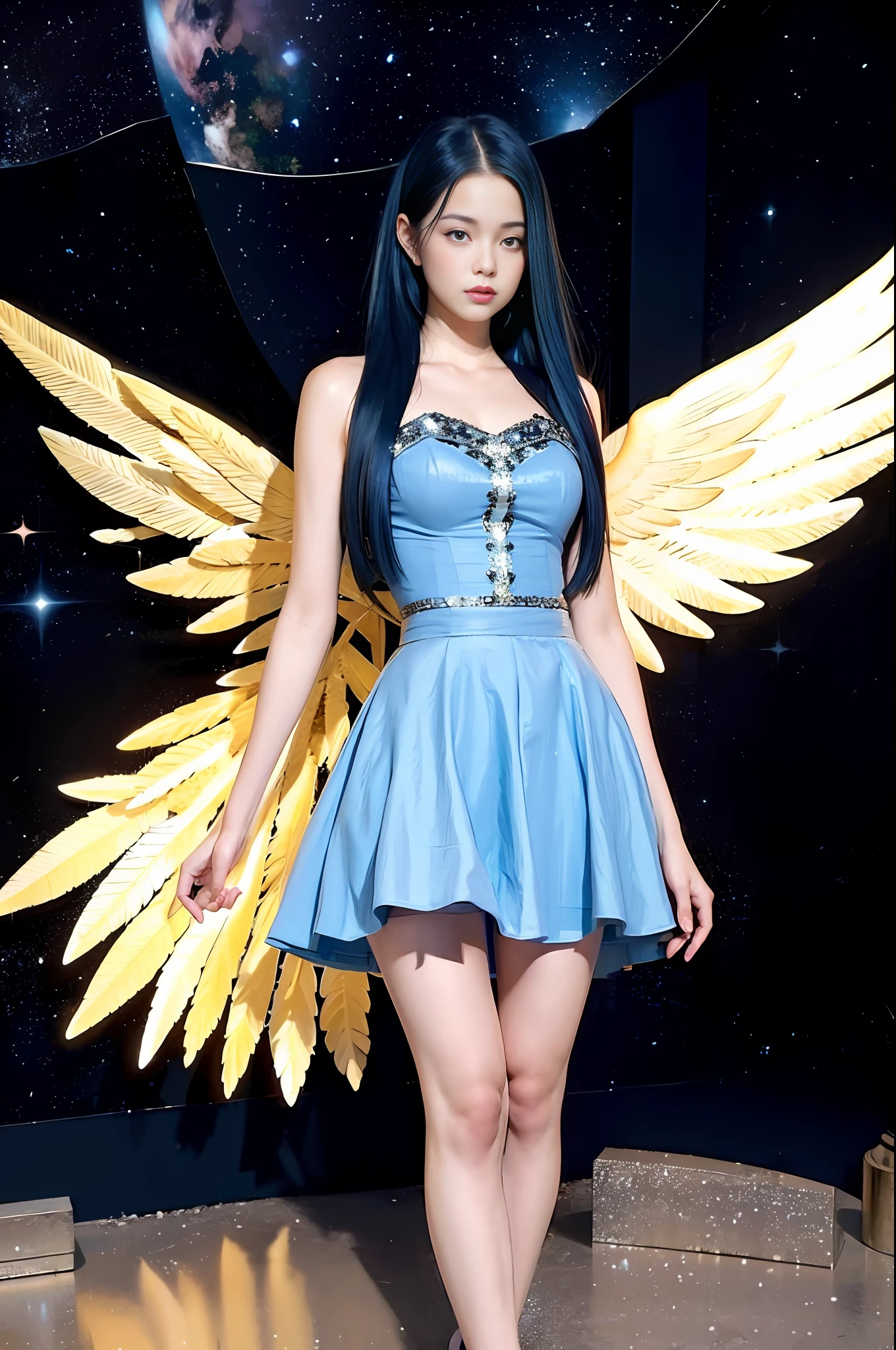 ultra-detail, realistic professional photograph,
full shot, full body, straight shot, 1 girl, blue hair, blue eyes, long hair, large round breasts, floating, posing, power pose, halo, angel wings, haughty expression, looking into the distance,
standing in intricate detailed starfield, comets and nebula in background, streaks of light, cinematic lighting, side lighting, dark detailed galactic background,
8k, 4k, (highres:1.1), best quality, (masterpiece:1.3)