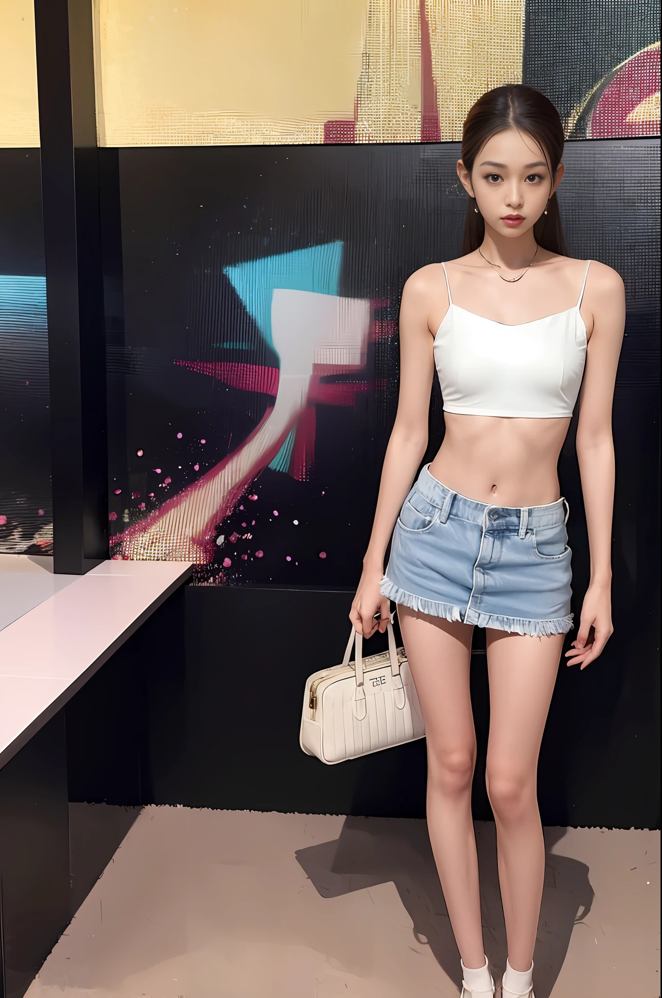 Best quality, full body portrait, delicate face, 18-year-old girl, slim figure, small bust, white bra, open belly button, waist open pink denim miniskirt, standing tall
