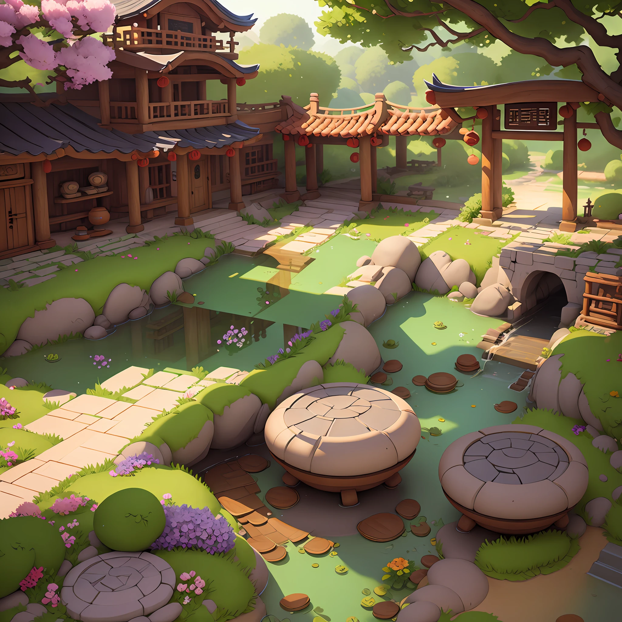 Game architectural design, cartoon, town, stone, brick, meadow, river, flowers, casual game style, 3d, blender, masterpiece, super detail, best quality