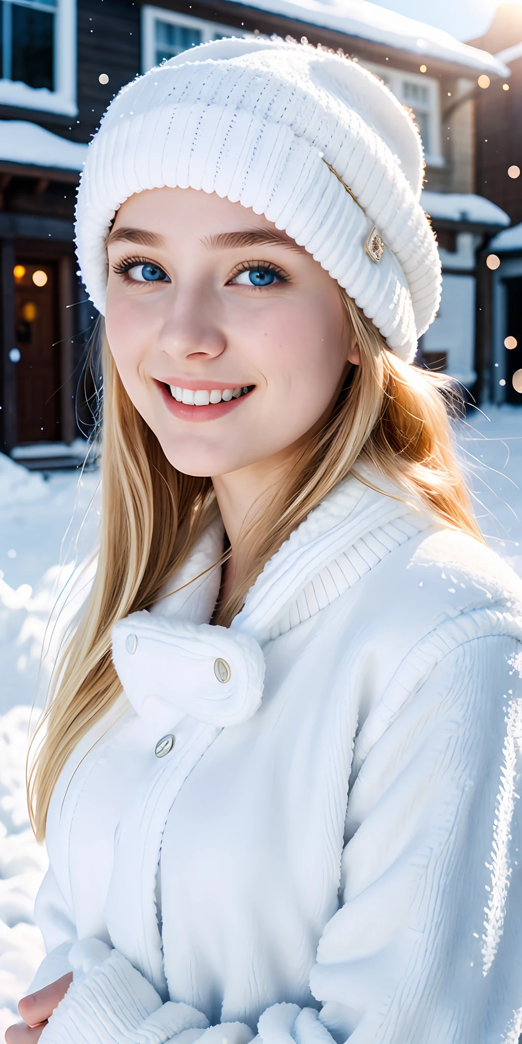 FRW, Very detailed CG Unity 8k wallpaper, a cute 18-year-old cute blonde Polish woman, a beautiful girl, a wonderful goddess, hot maiden, big breasts, blue eyes, pale skin (a masterpiece, beautiful person, well detailed face polluted smile, photorealistic, hyperrealistic), white cold clothes, fuzzy white cap, white blouse, wearing white gloves, rubbing hands warming up in a snowy street (blue open sky), and smiling (light lighting).