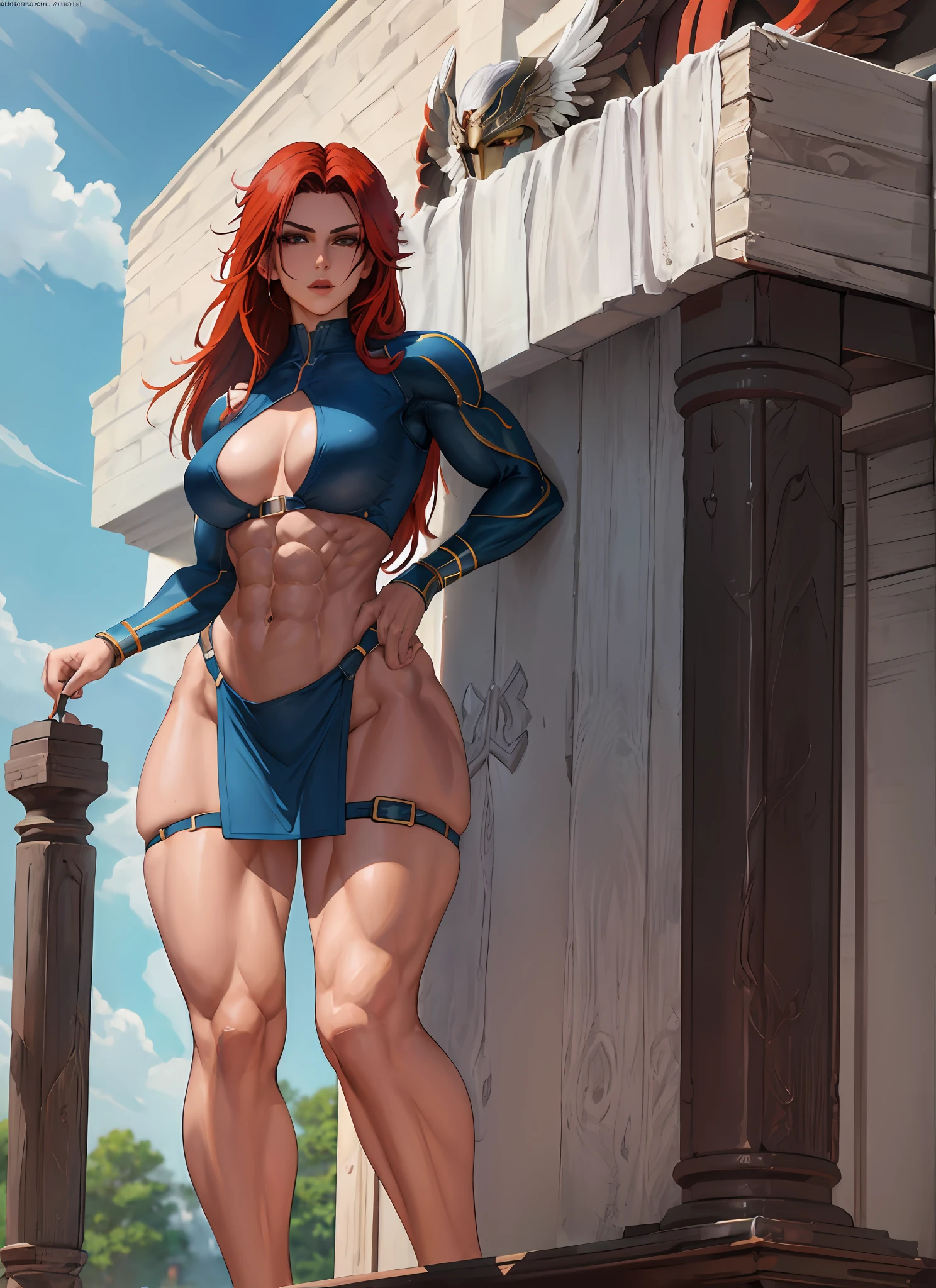 1girl, beautiful, perfect lighting, muscular, thighs, mature female, milf, navel, abs, looking at viewer  (masterpiece, high quality:1.1) valkyrie, pale skin, winged helmet, red hair,hawk wings,flying, sky, leg muscles,long hair, thong.