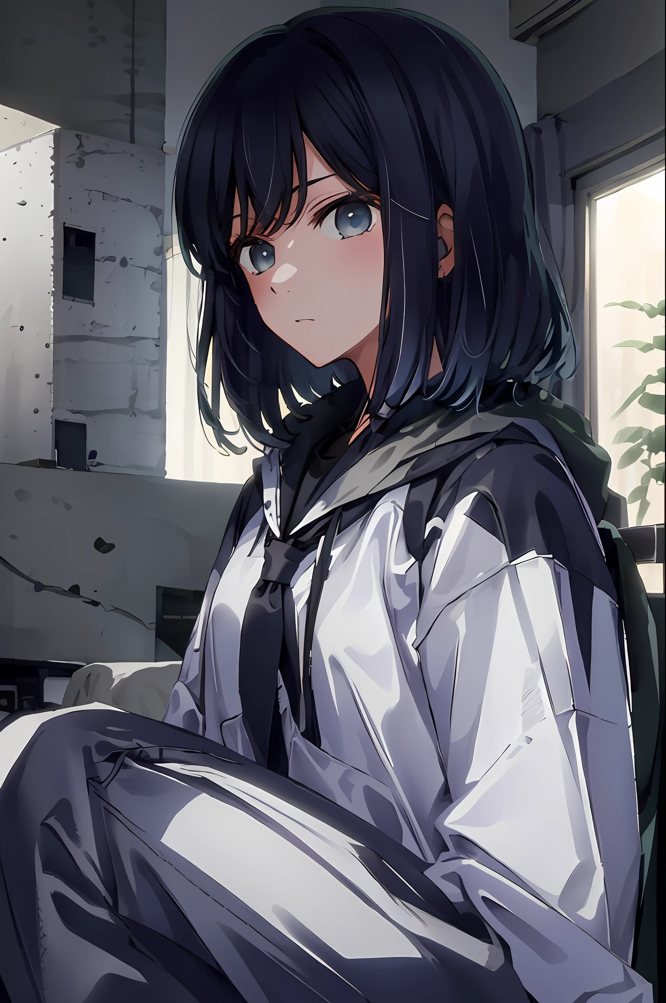 masterpiece, high quality, 8k, beautiful lighting, 1girl, solo, akane, looking at viewer, sitting, building