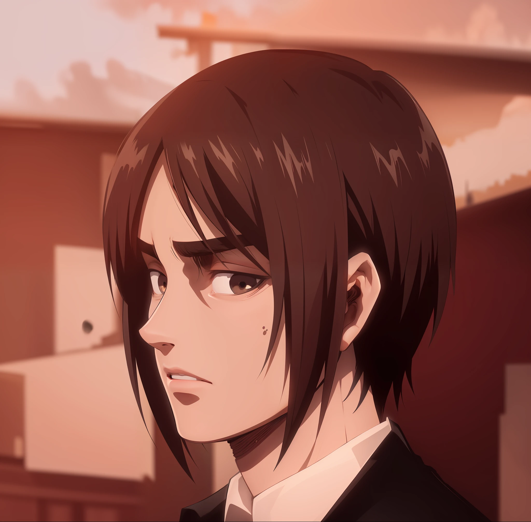 best quality, masterpiece, (realistic: 1.2), 1 man, Eren Jaeger, real life, live action, black jeans, brown hair, loose hair, long hair, attack on Titan, cold background, black jacket, slim body, high definition, high quality, sunset background