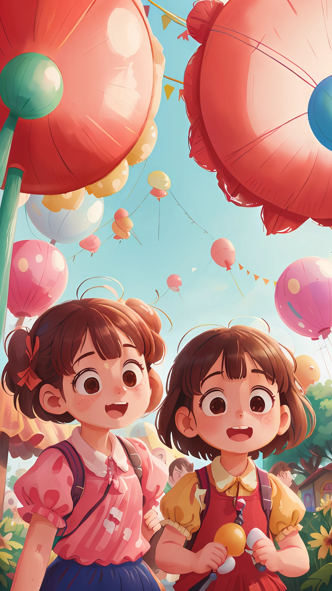 Two girls, amusement park, holding balloons, happy, happy, perfect quality, clear focus (clutter - home: 0.8), (masterpiece: 1.2) (Realistic: 1.2) (Bokeh) (Best quality) (Detailed skin: 1.3) (Intricate details) (8K) (Detail eyes) (Sharp focus), (Happy)