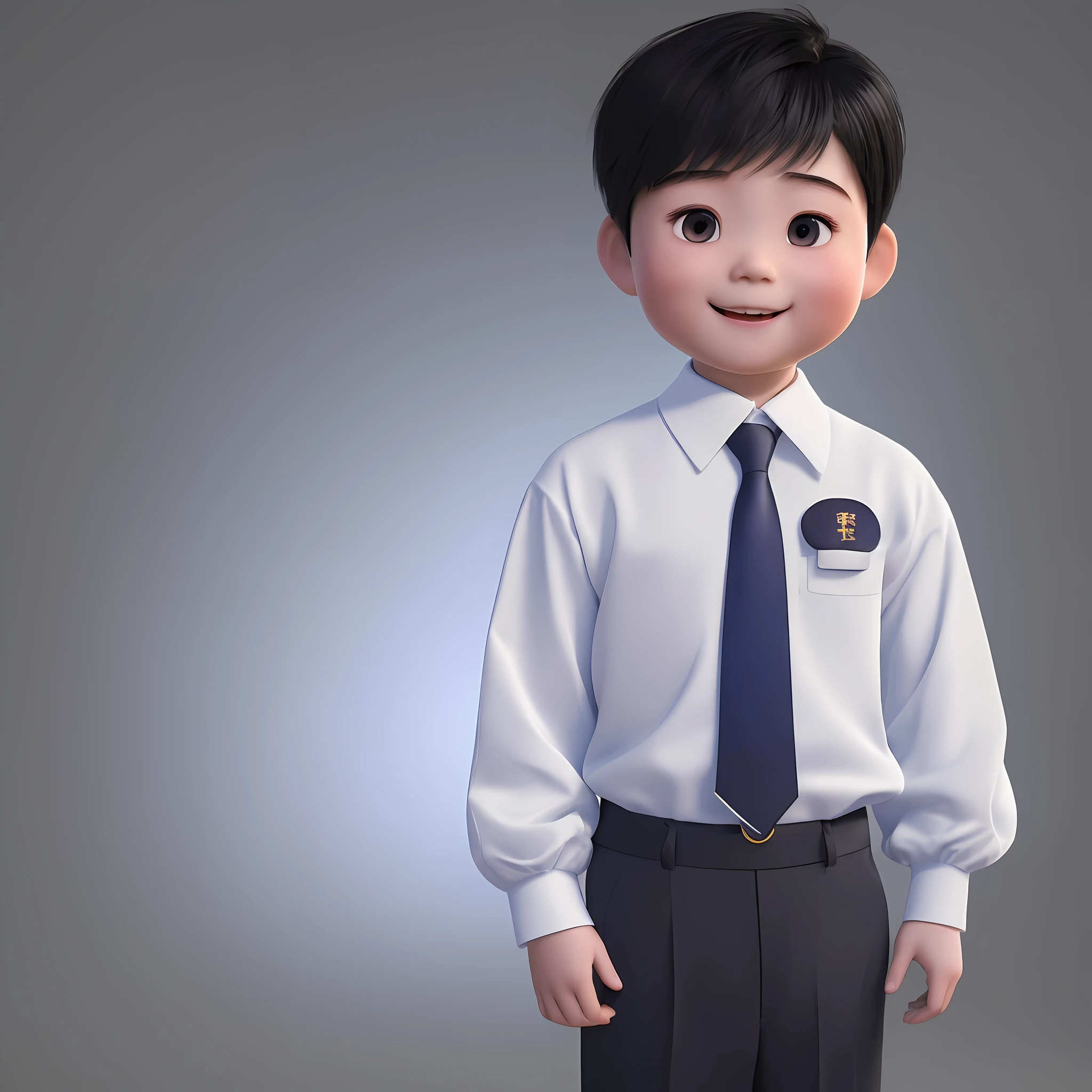 (A Chinese boy, bright and godly eyes: 1.2, smile: 1.2), short hair, spirit, wearing formal clothes, white shirt, dark tie, holding a file, 3D modeling, best rendering, best light and shadow effect, pure white background, Pixar animation style.