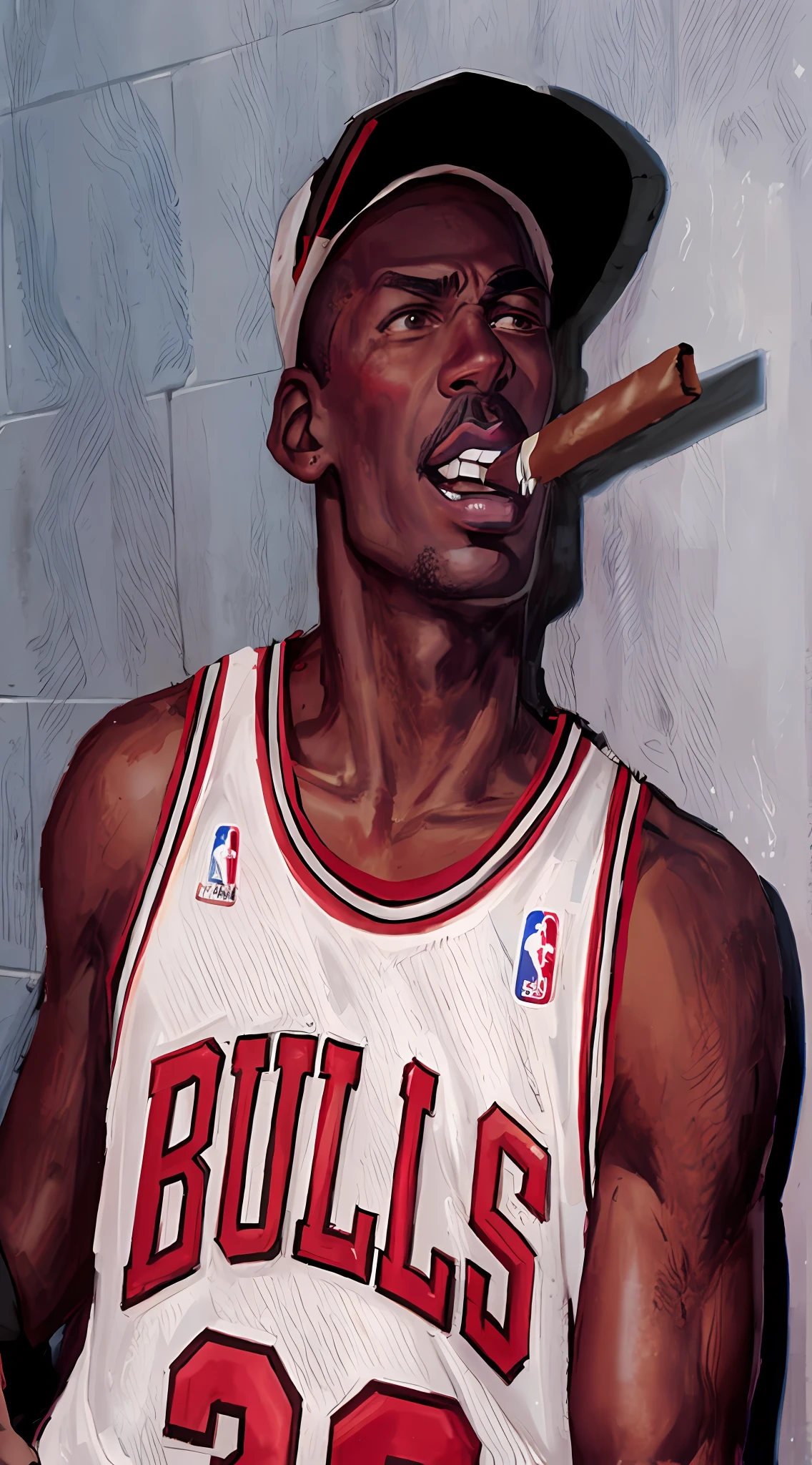 Michael Jordan in a chicago bulls jersey smoking a cigar, michael jordan, wearing nba jersey #23, unreleased, taking a smoke break, jordan, nba, 1 9 9 4, 1995, smoker, canon dslr, anime, aligned teeth, correct teeth in the mouth