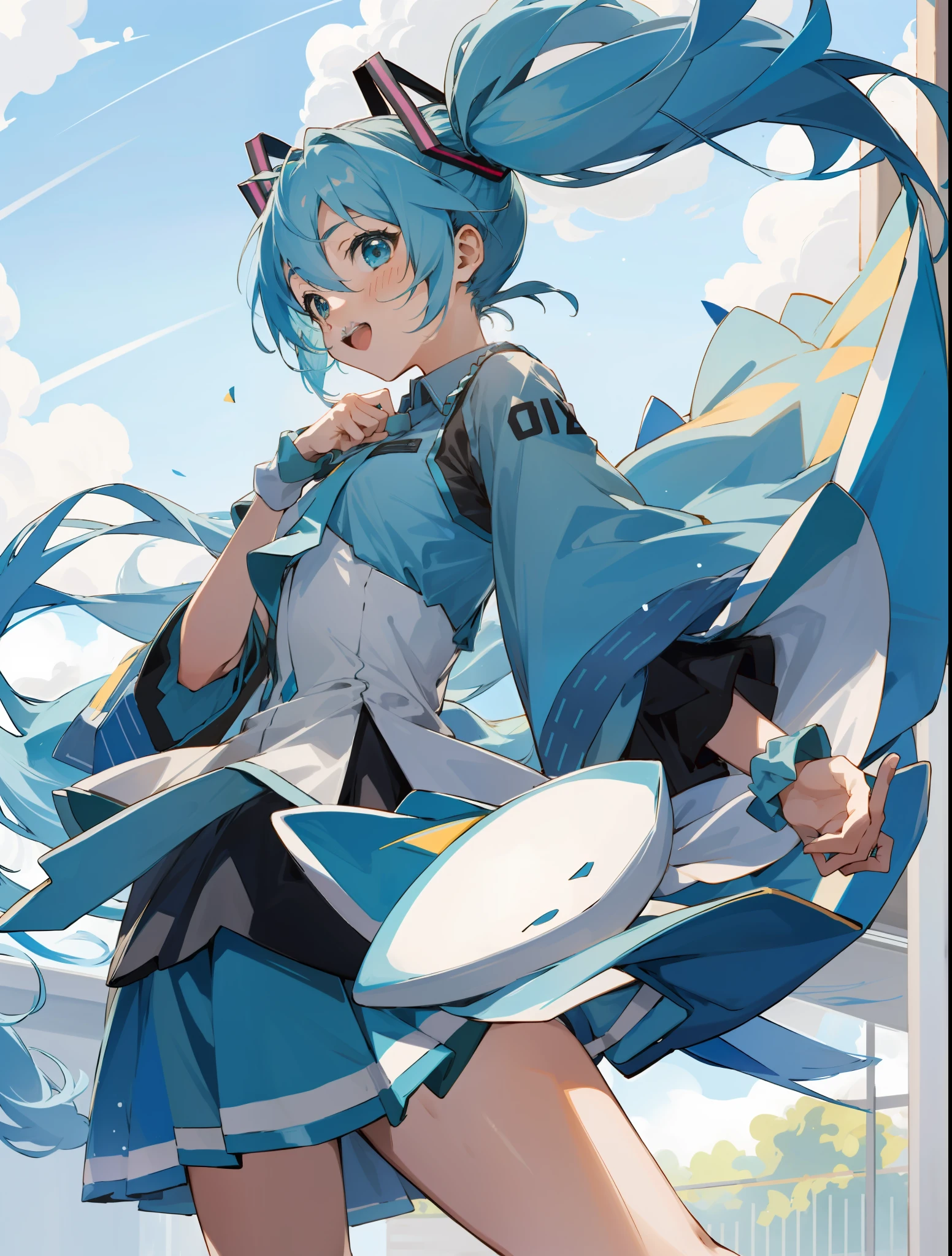 Hatsune Miku, cheering at the camera, one hand up, the other hand on her chest, happy, cheerful, detailed face, detailed hair, blue hair, two long ponytails, front view