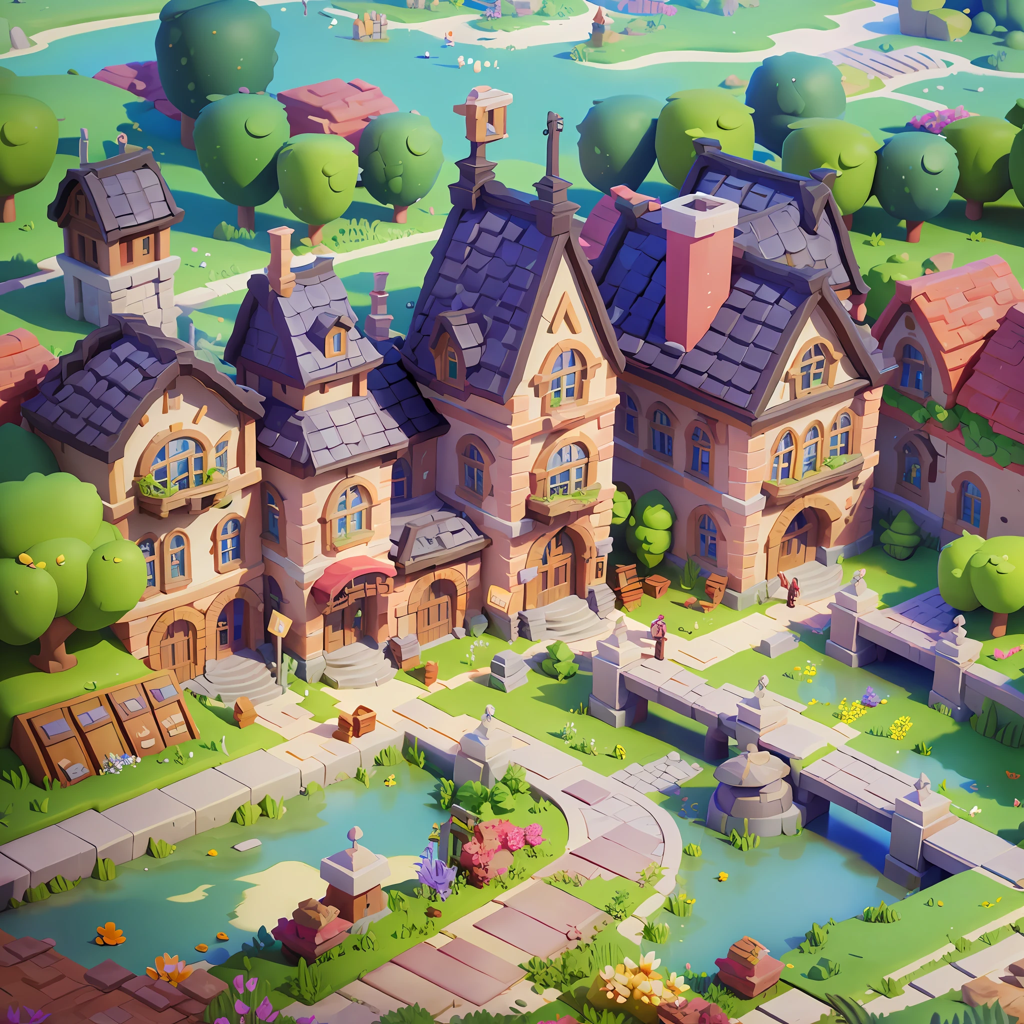 Game architectural design, cartoon, town, stone, brick, meadow, river, flowers, casual game style, 3d, blender, masterpiece, super detail, best quality