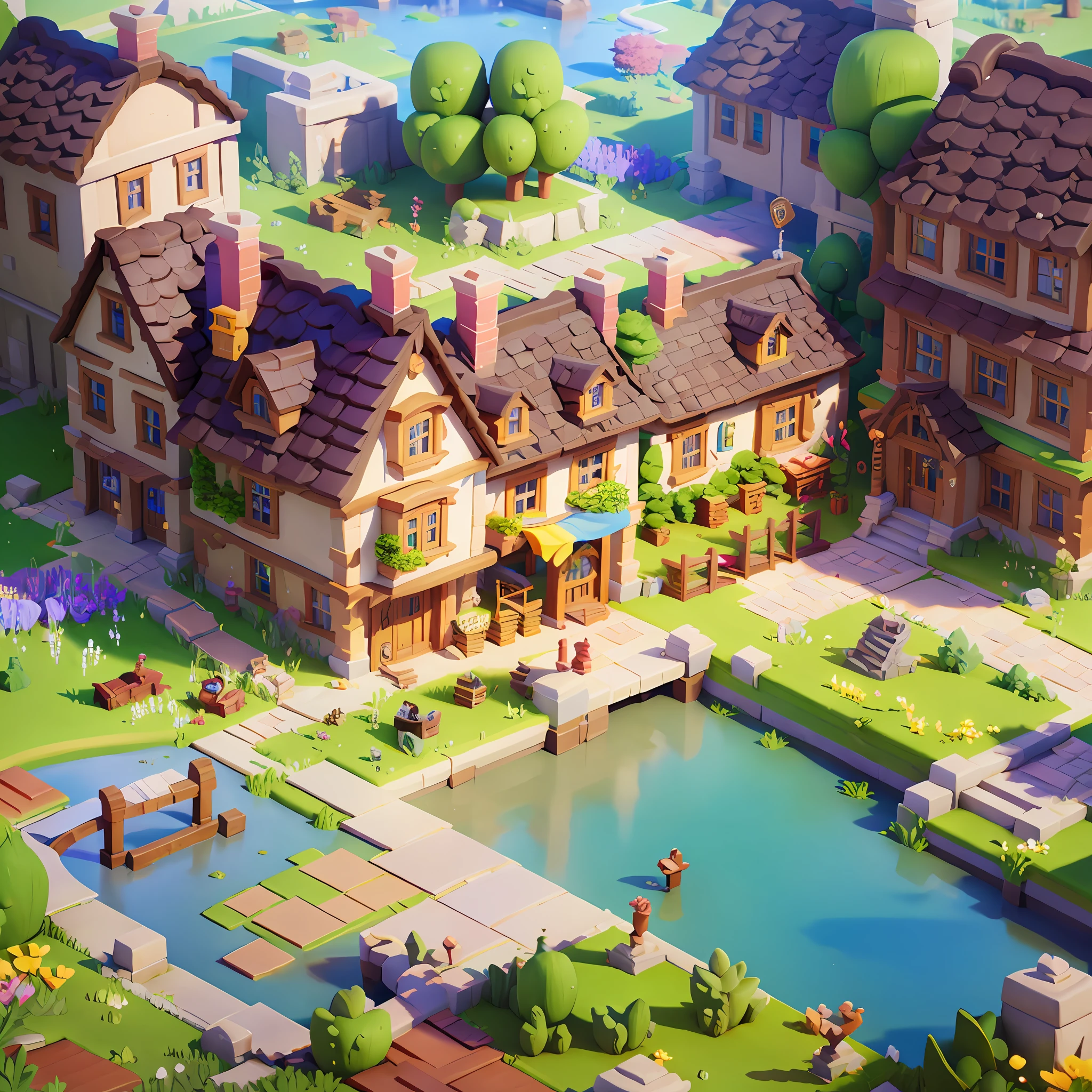 Game architectural design, cartoon, town, stone, brick, meadow, river, flowers, casual game style, 3d, blender, masterpiece, super detail, best quality
