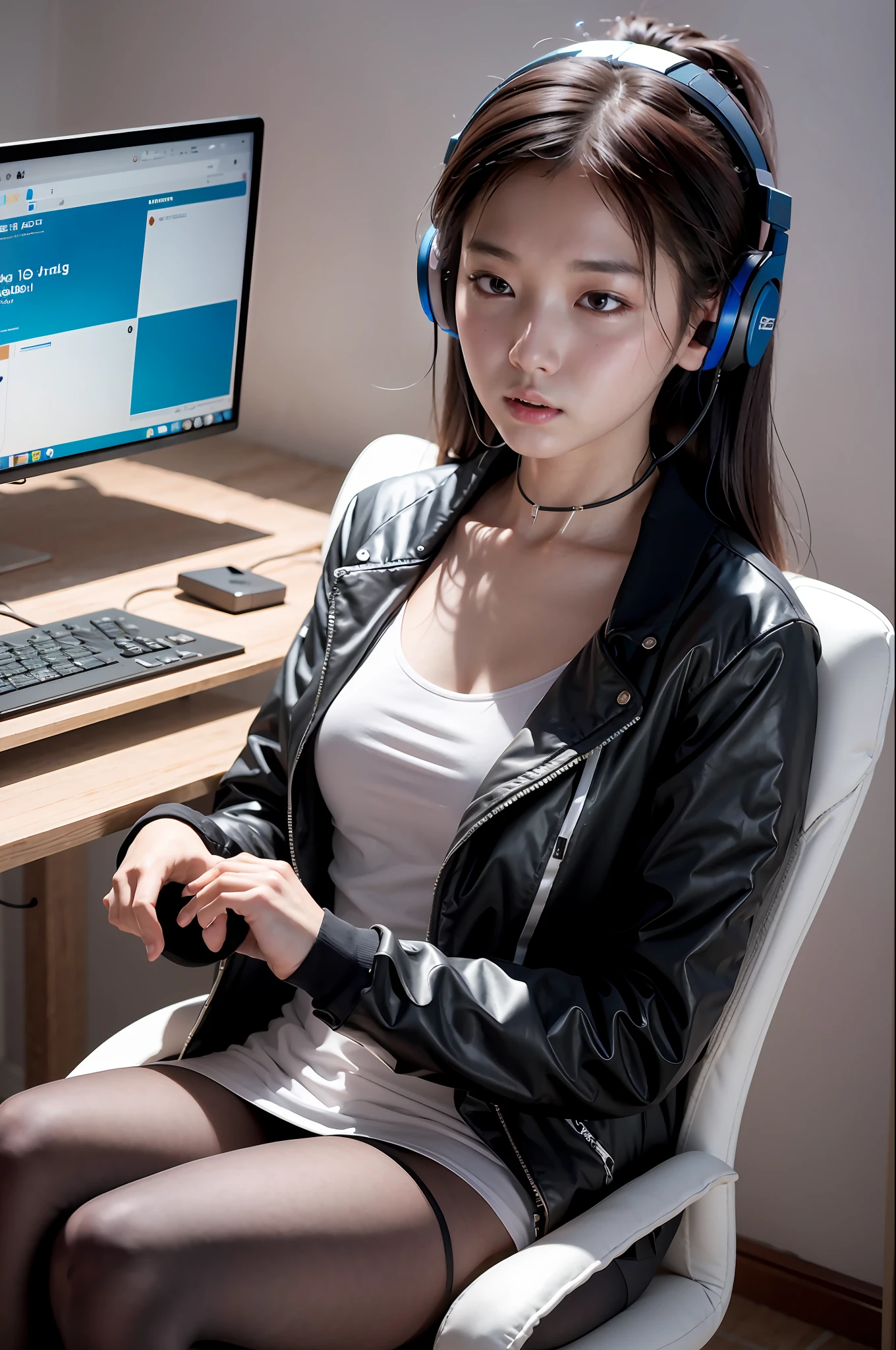ray tracing, realistic, dramatic, 1girl, 21 year old Korean cute girl, hacker, T-shirt, jacket, around multiple monitors, headphones, from above,