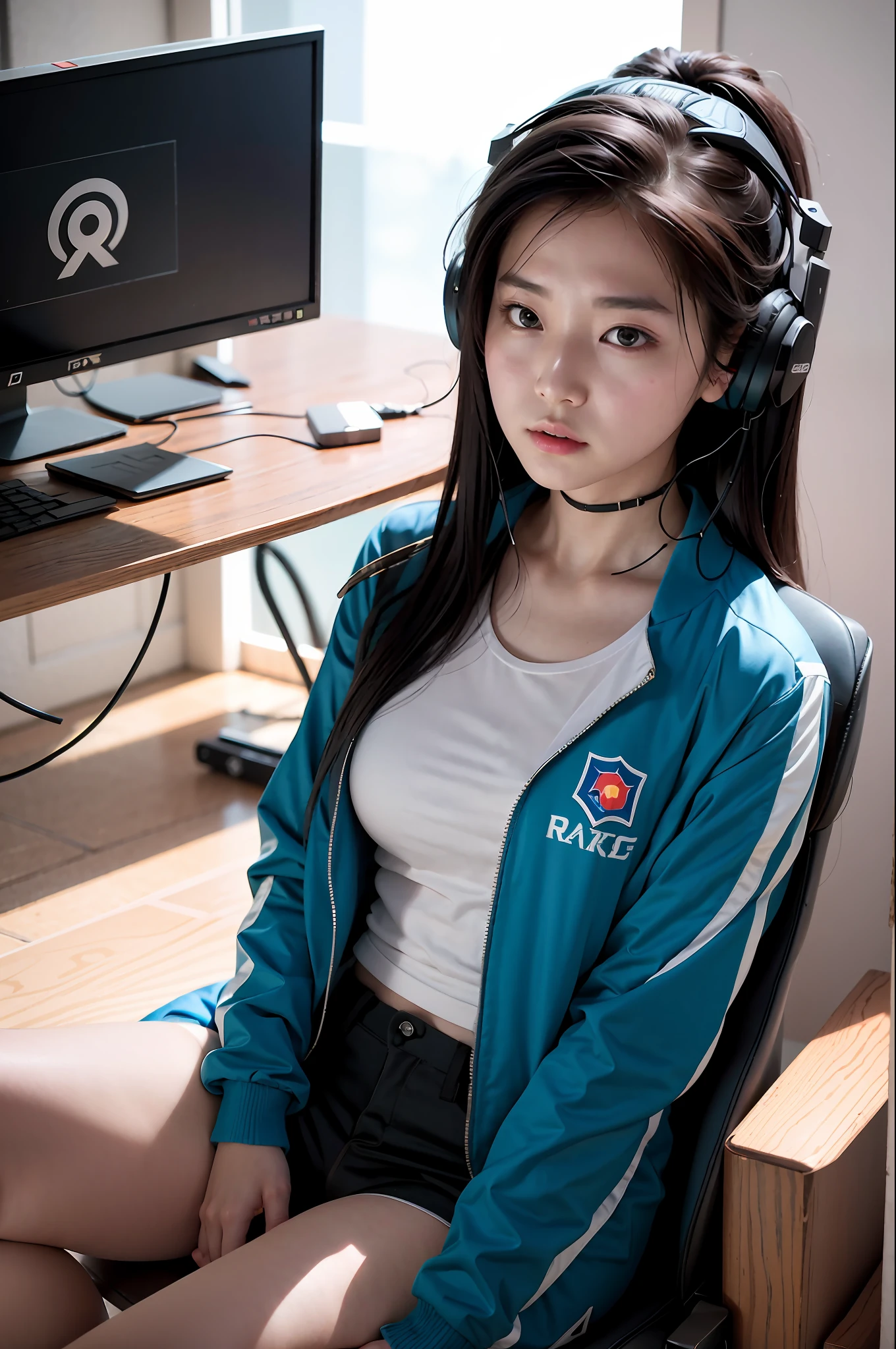 ray tracing, realistic, dramatic, 1girl, 21 year old Korean cute girl, hacker, T-shirt, jacket, around multiple monitors, headphones, from above,