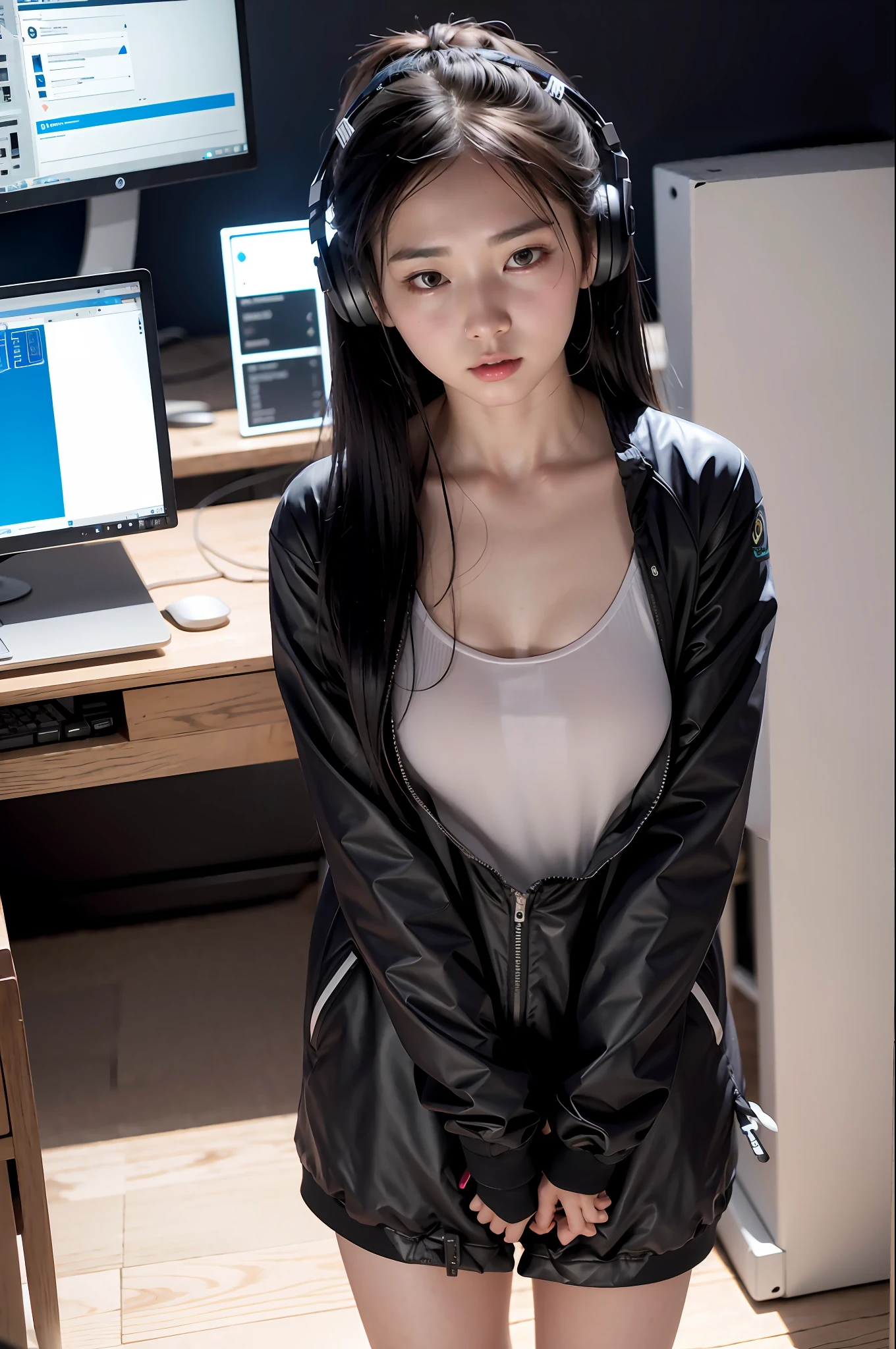 ray tracing, realistic, dramatic, 1girl, 21 year old Korean cute girl, hacker, T-shirt, jacket, around multiple monitors, headphones, from above,