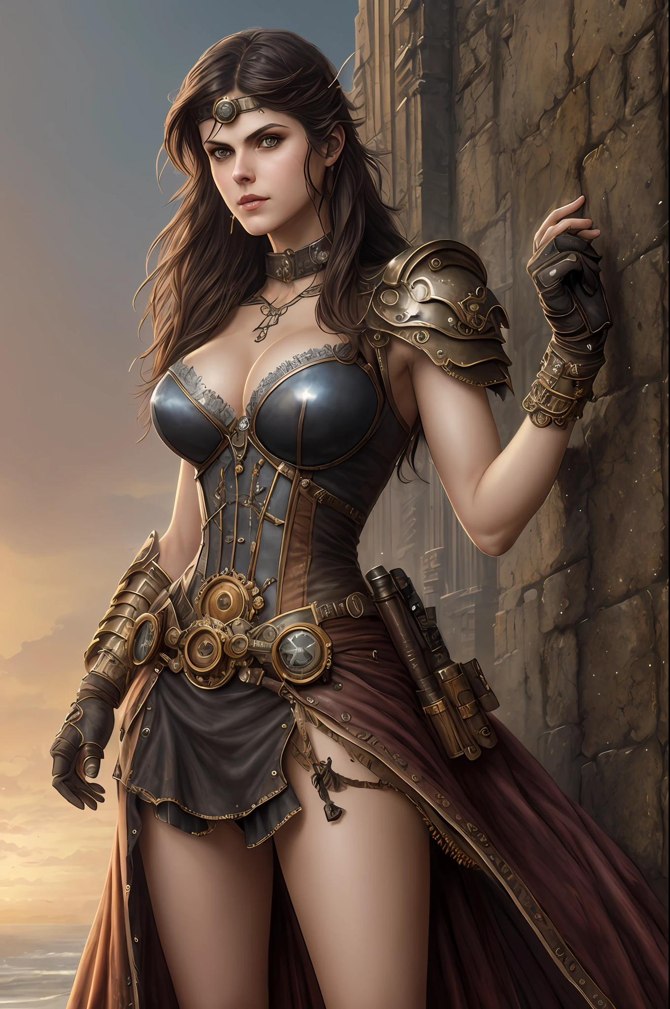 Alexandra Daddario as beautiful stunning steampunk woman, full body, ultra-detailed eyes, ultra-detailed body, nice perfect face with soft skinice perfect face, stunning female body, ultra-detailed hands, fantasy art concept masterpiece, trending on Artstation, hyper-detailed, digital art, unreal engine, 32k, ultra HD, centered image, art by Luis Royo and artgerm and greg rutkowski and Alphonse much