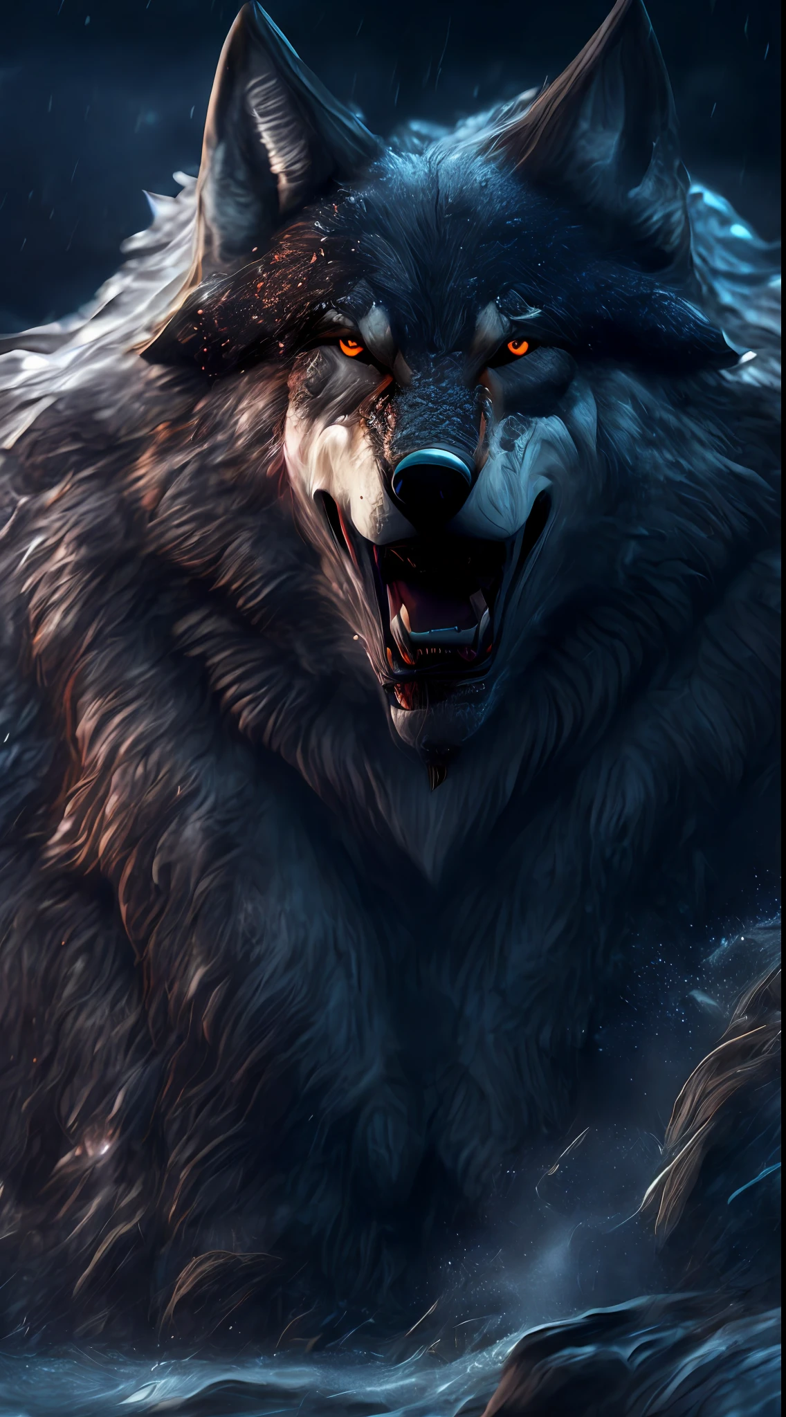 Wolf god, hyper realistic, tension, cold, highly detailed, sharp focus, professional, 8k UHD, cinematic, dark, violent, outdoor, River, battle, chase, dramatic, vivid, nervous vibe, render, epic, twilight, HDR, album cover, blizzard, lightning, cataclysmic