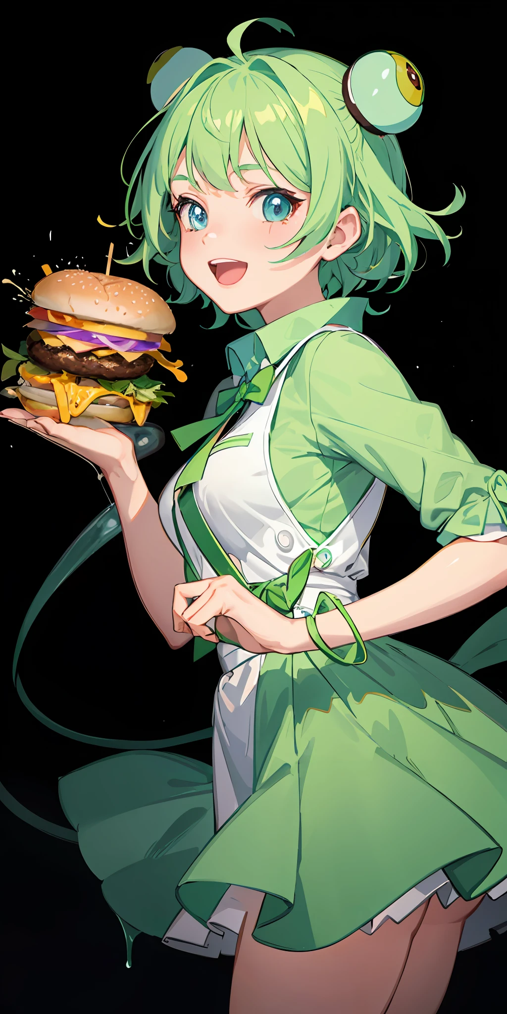 1girl, burger color, beautiful girl, frog, open mouth smile, side light, light particles, avatar,