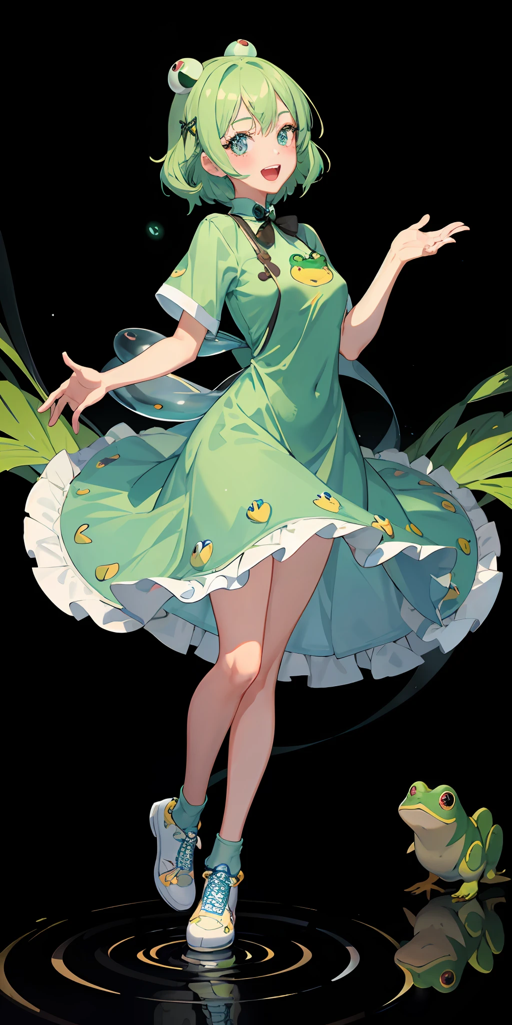 1girl, burger color, beautiful girl, frog, open mouth smile, side light, light particles, avatar,