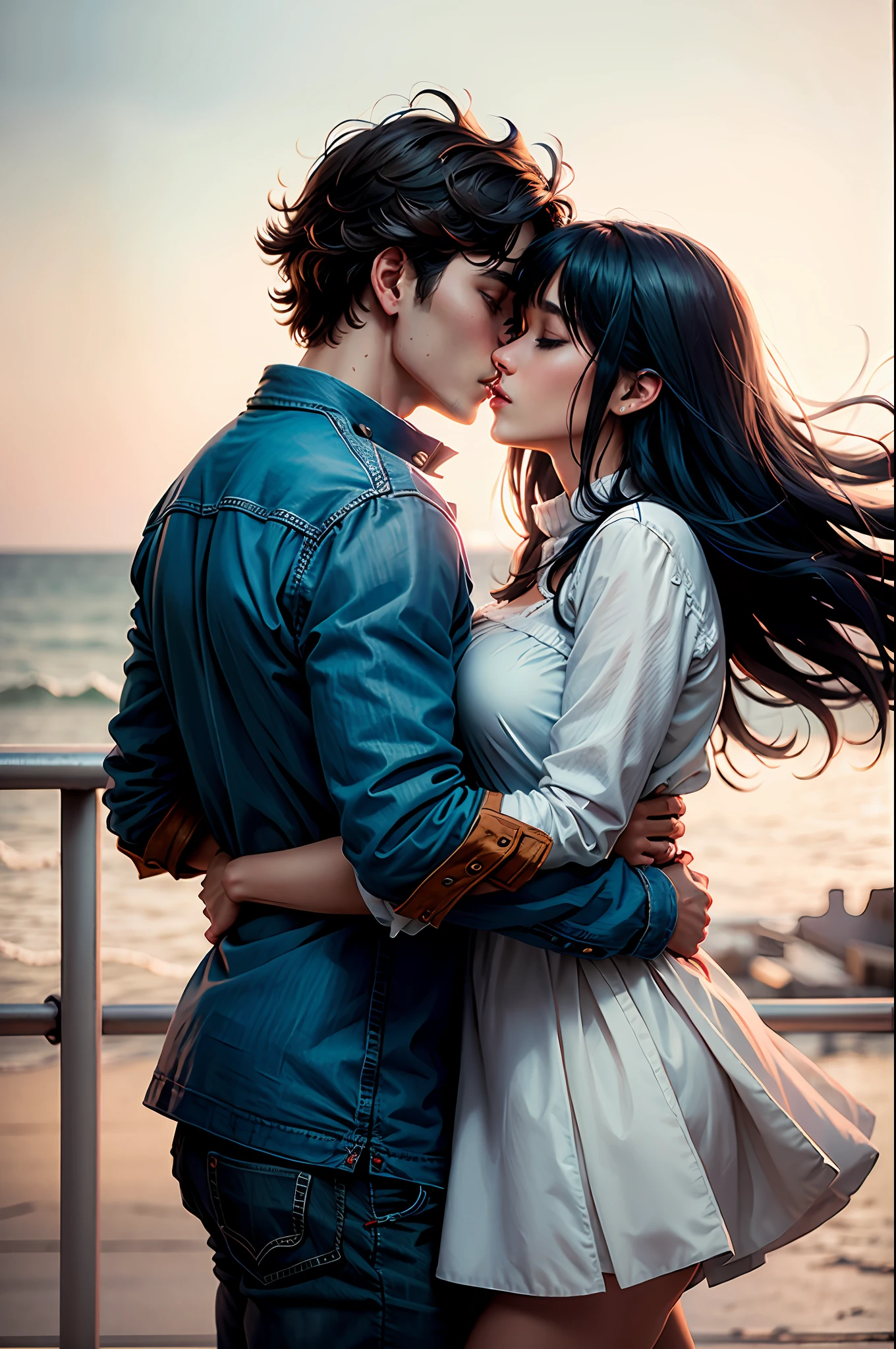 Romantic couple kissing in the wind