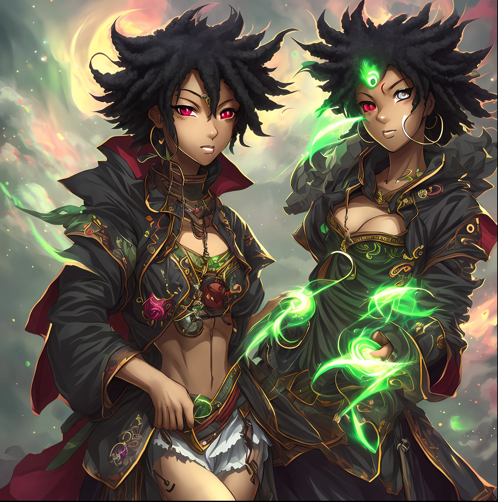 Black woman with black features, medium hair with green locks, vibrant red eyes, medium hair, RPG style, anime, mystical clothes a little baggy, centered squeeze looking forward